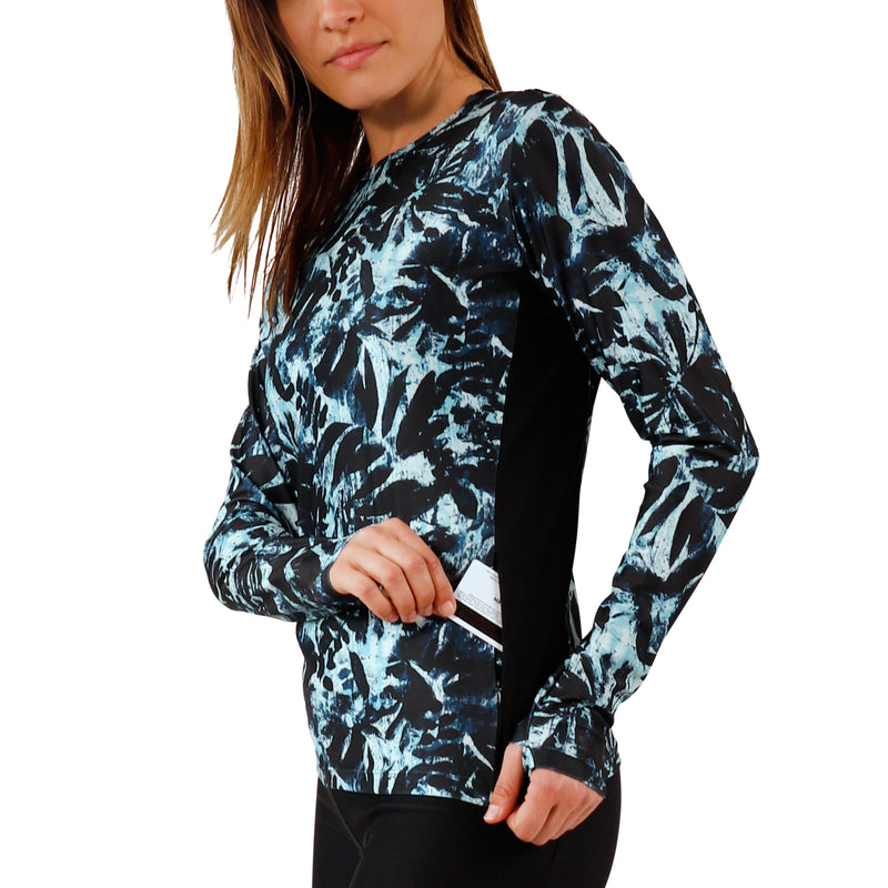 pocket view of womens long sleeve crew sun and swim shirt in shadow tropics|shadow-tropics