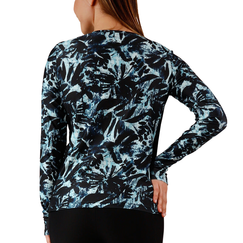 back view of womens long sleeve crew sun and swim shirt in shadow tropics|shadow-tropics