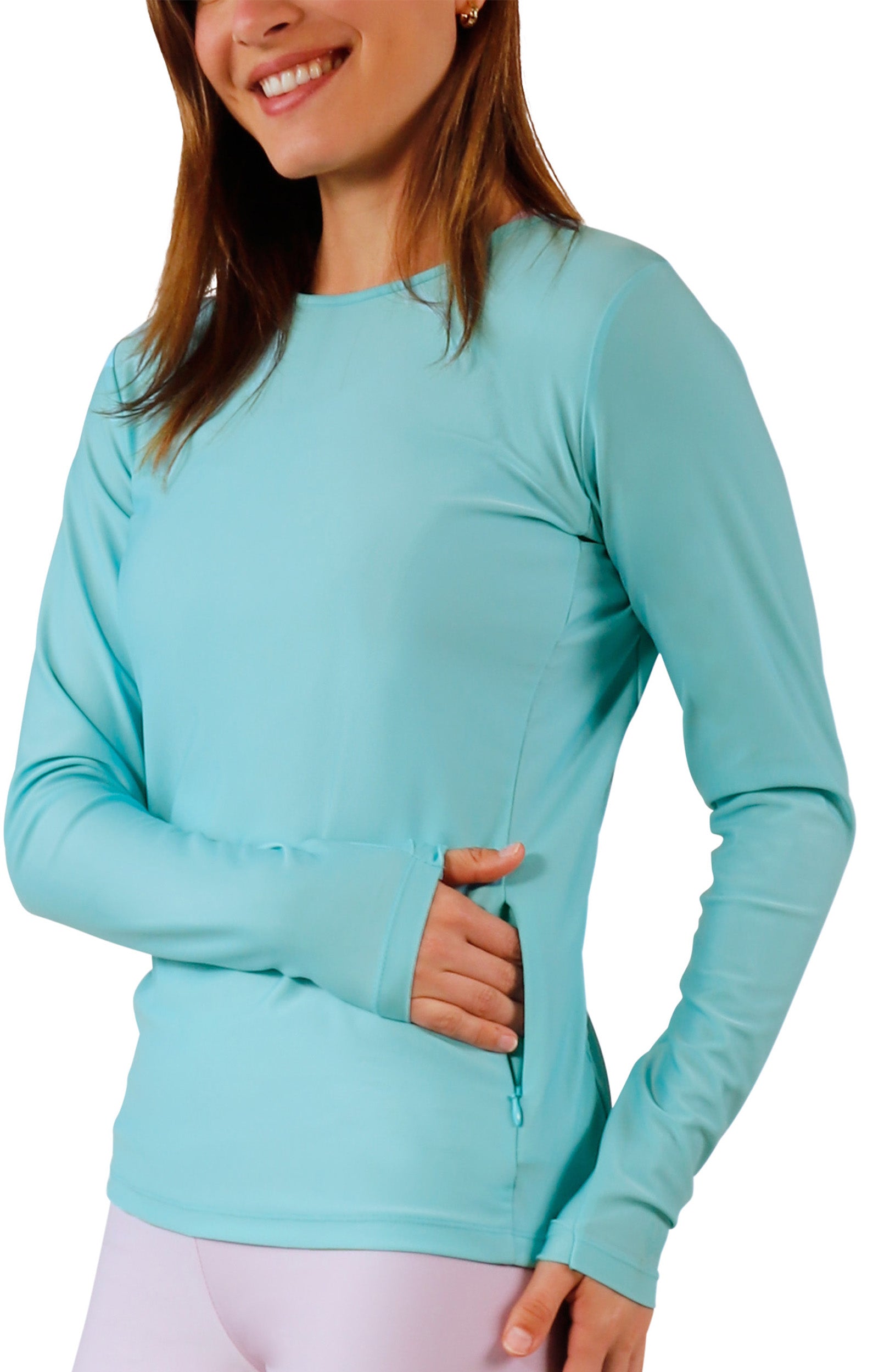 pocket view of womens long sleeve crew sun and swim shirt in skyline|skyline