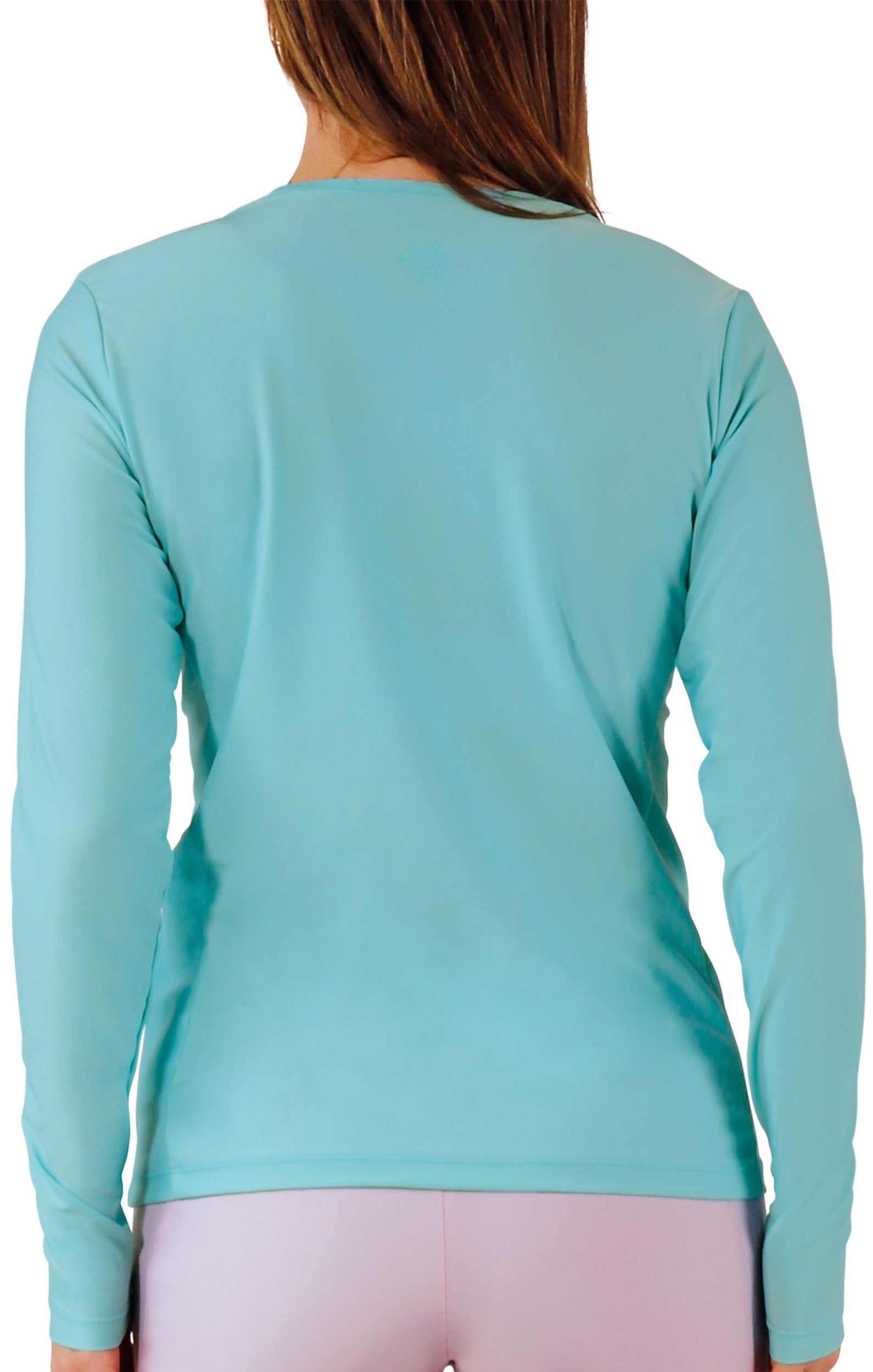 back view of womens long sleeve crew sun and swim shirt in skyline|skyline