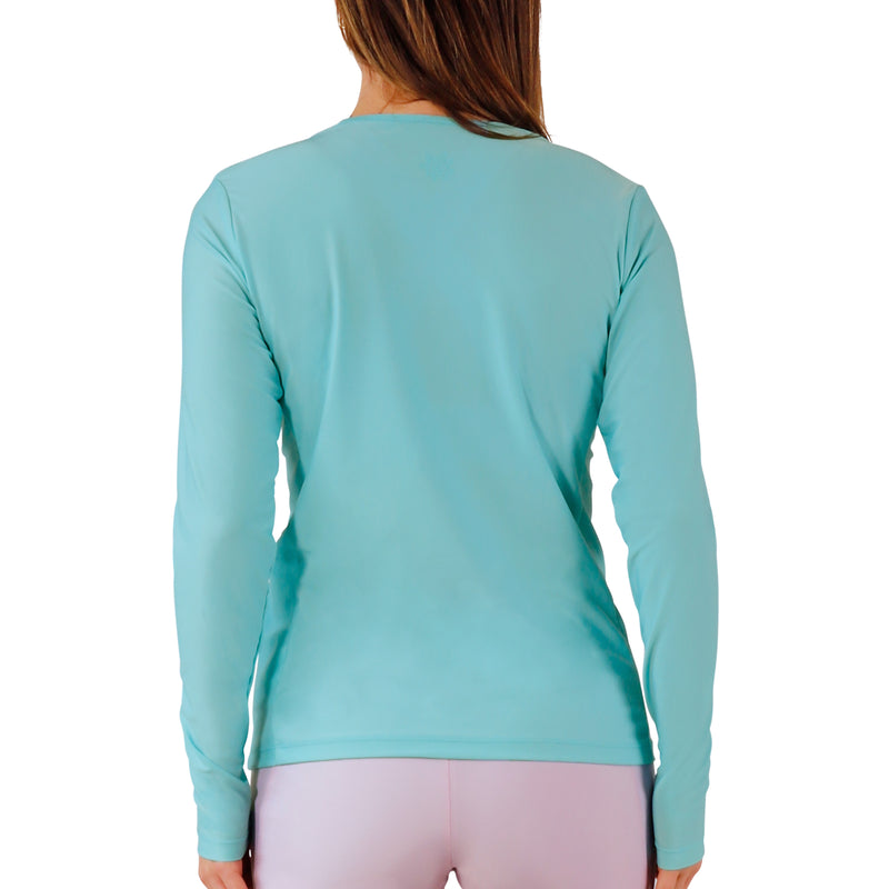 back view of womens long sleeve crew sun and swim shirt in skyline|skyline