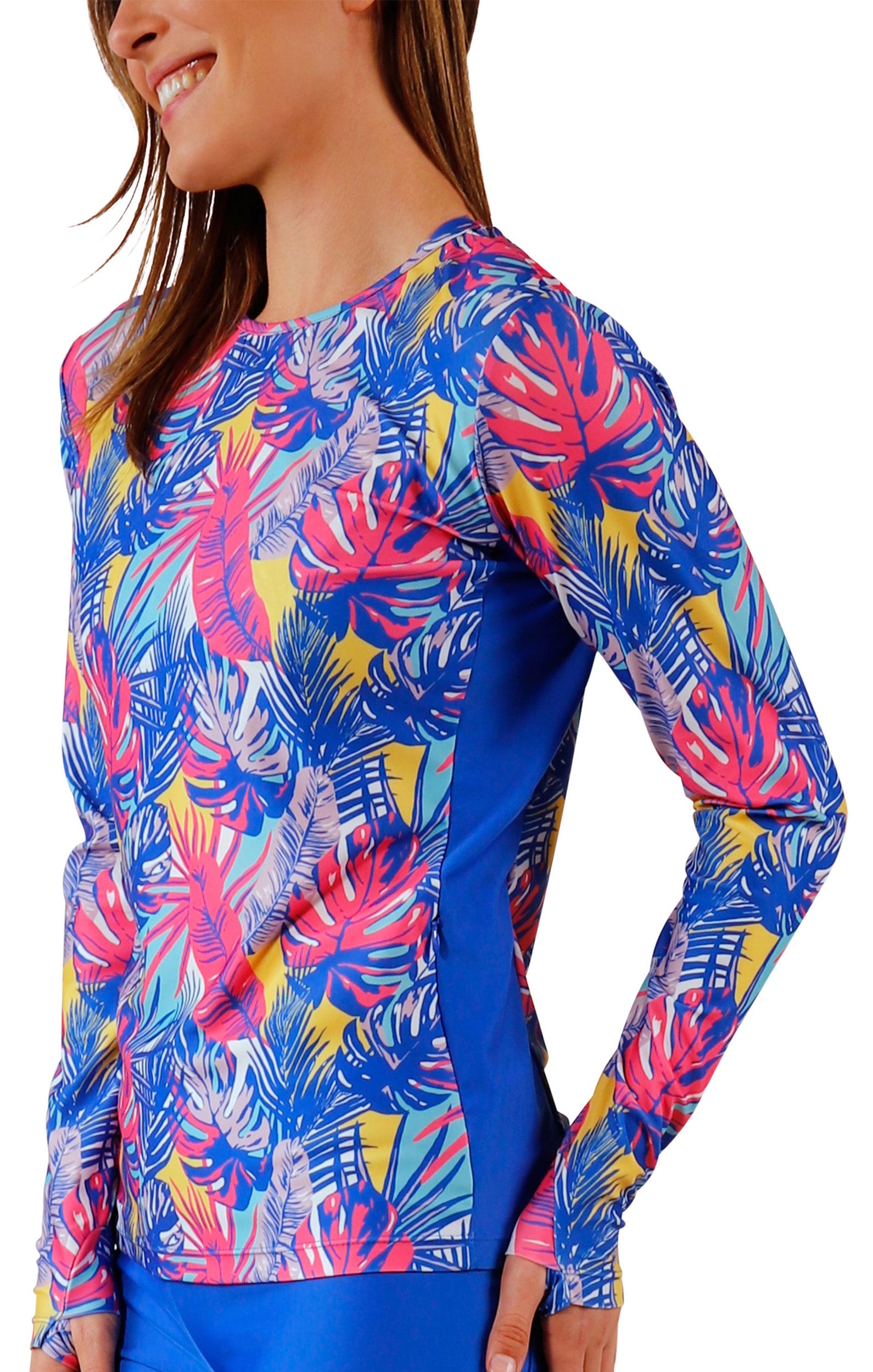 side view of womens long sleeve crew sun and swim shirt in vibrant palmetto|vibrant-palmetto