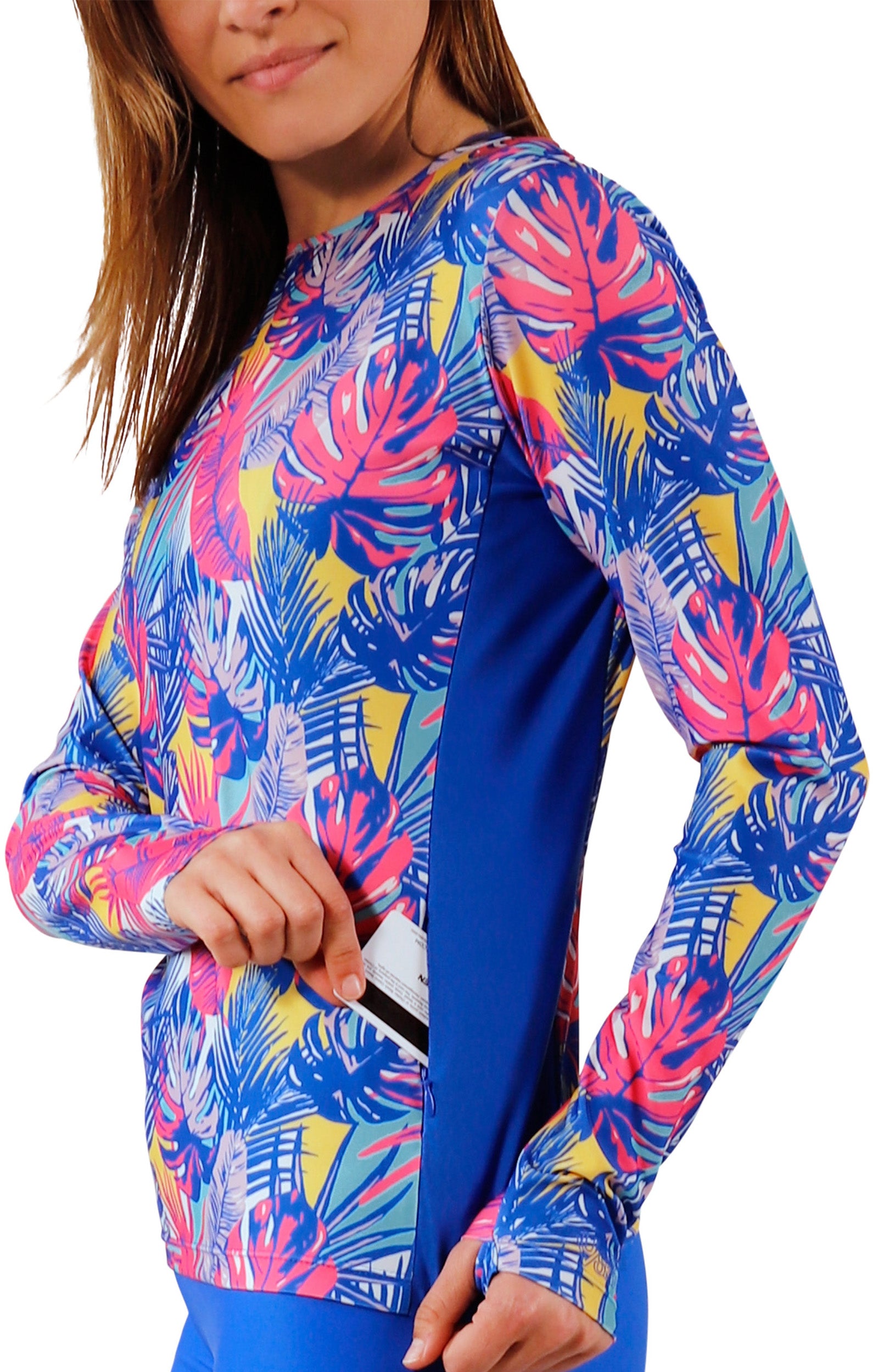 pocket view of womens long sleeve crew sun and swim shirt in vibrant palmetto|vibrant-palmetto
