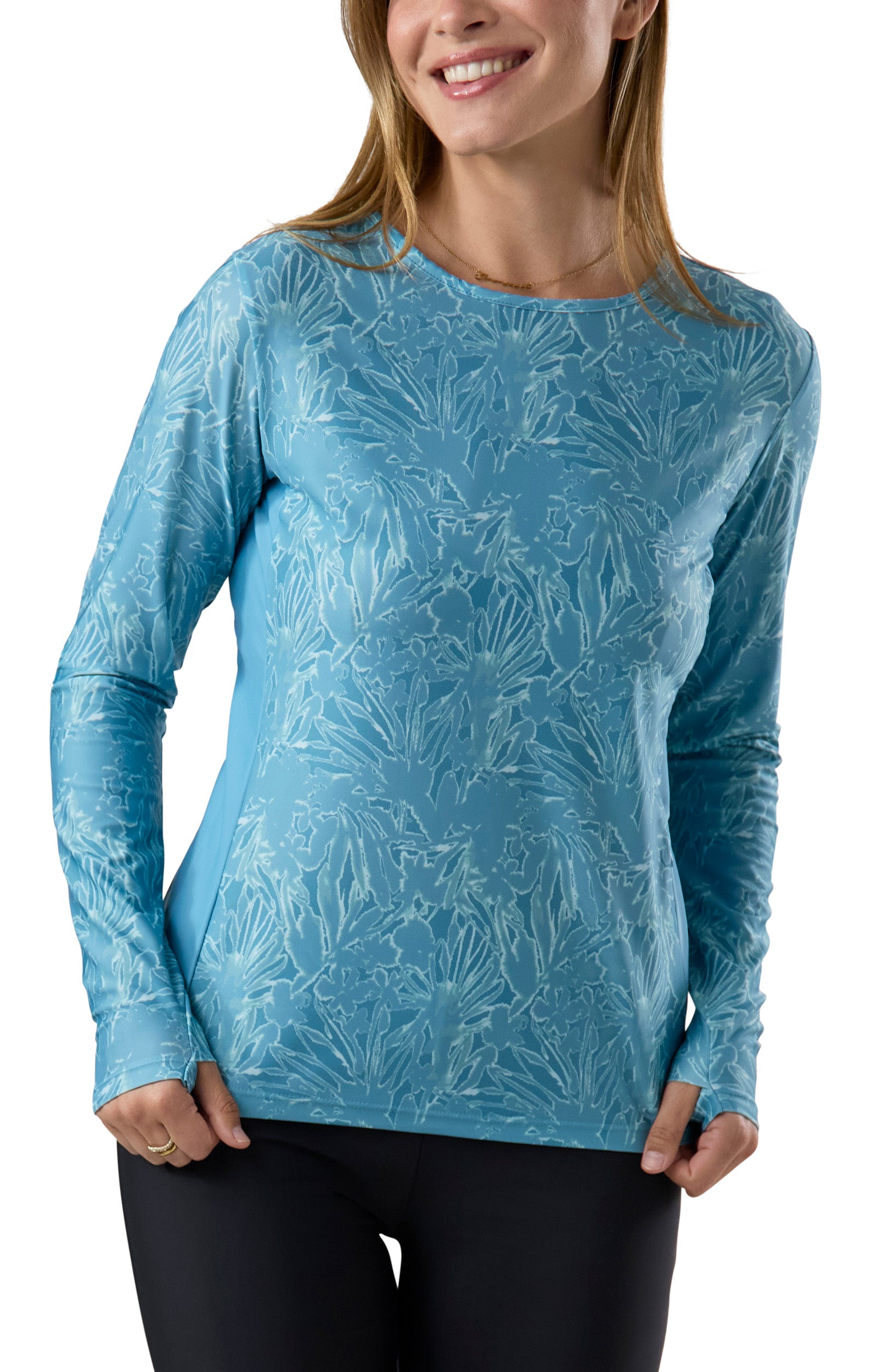 women's long sleeve crew swim shirt in waterfall splash|waterfall-splash