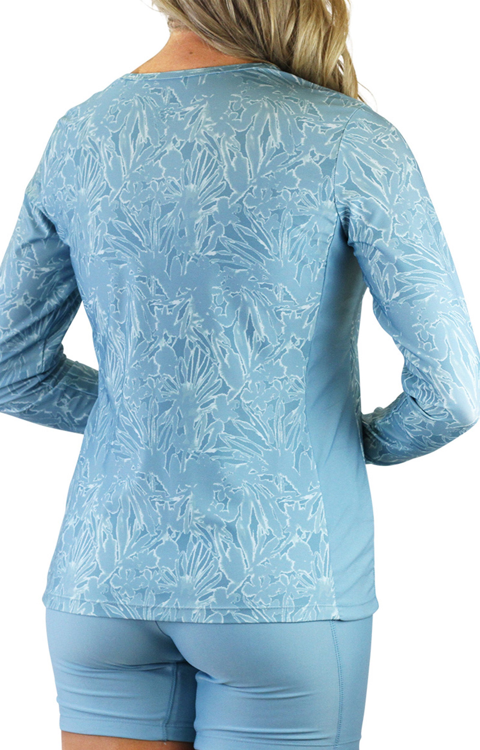 back view of the women's long sleeve crew swim shirt in waterfall splash|waterfall-splash