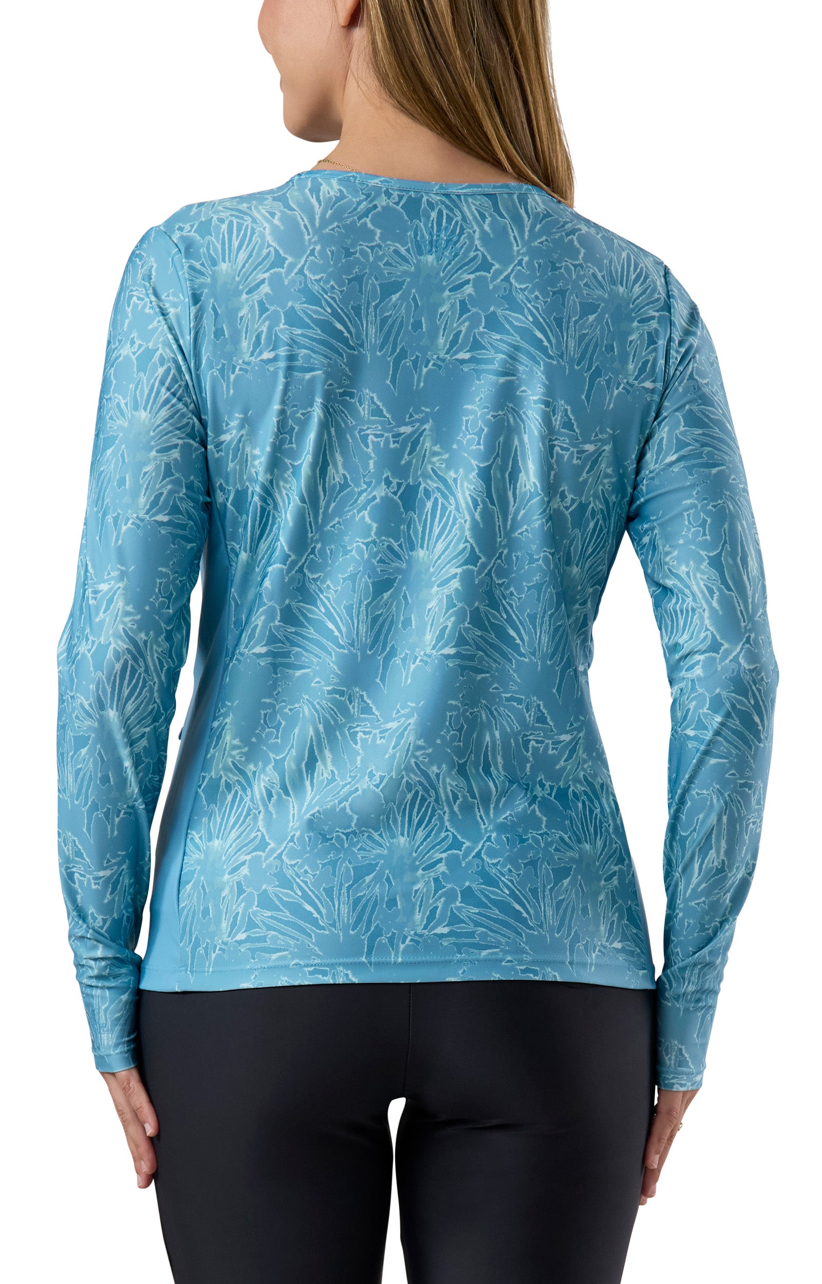 back view of the women's long sleeve crew swim shirt in waterfall splash|waterfall-splash