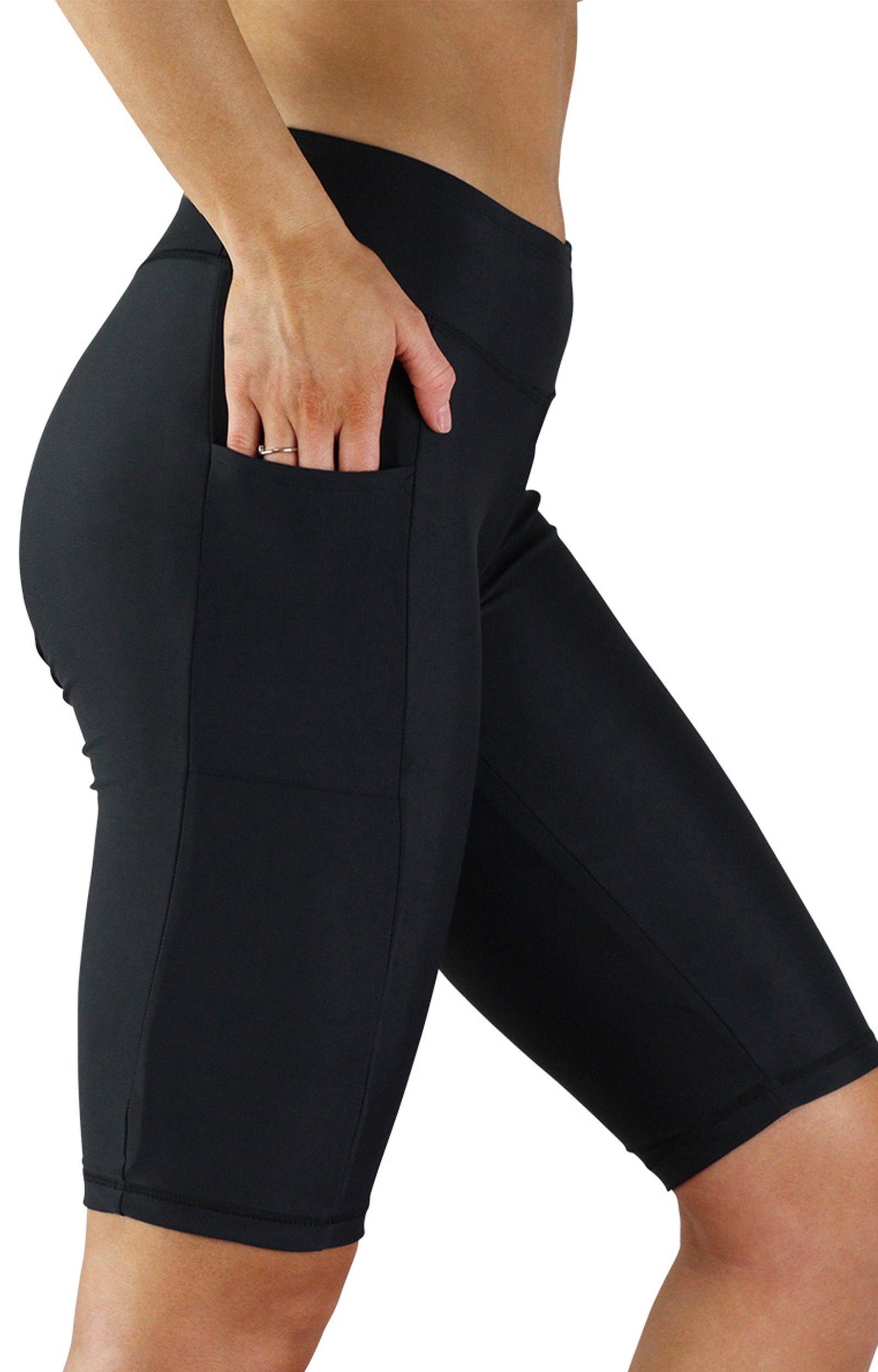 side pocket view of the women's active swim jammerz in black|black