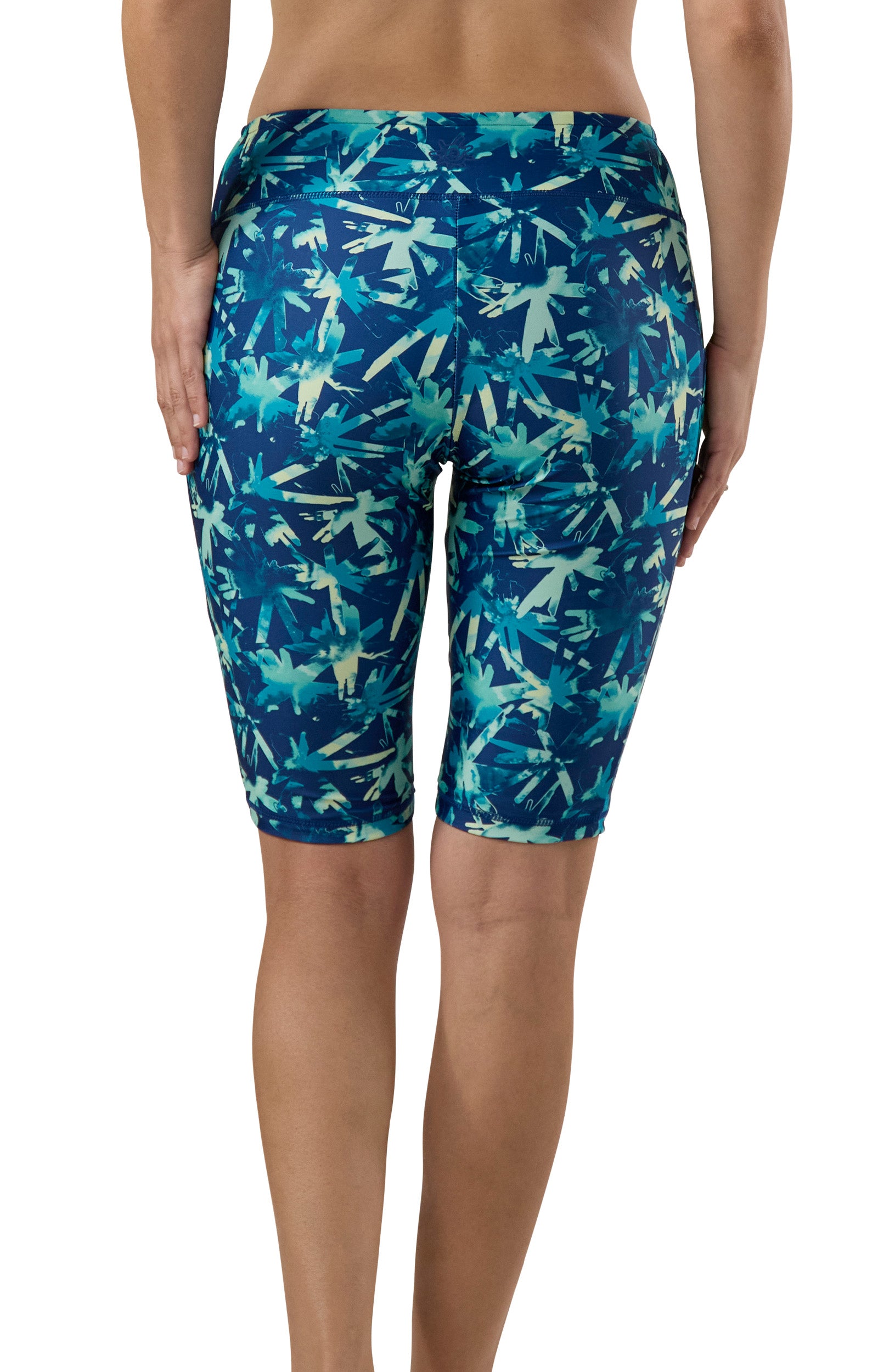 Side view of women's active swim jammerz in tie dye burst|tie-dye-burst