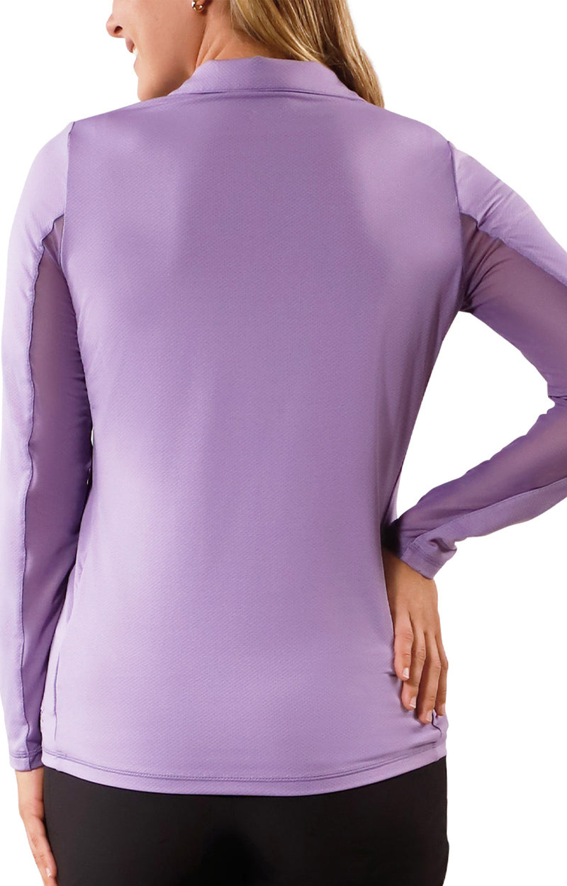 back view of womens long sleeve quarter zip vented sun shirt in daybreak|daybreak