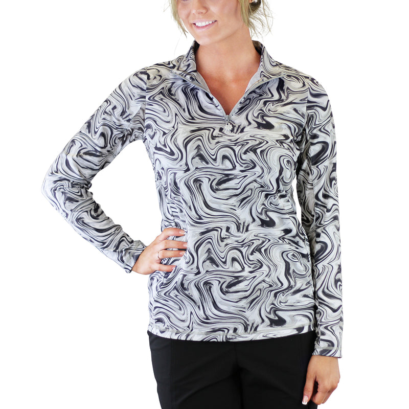 Woman in UV Skinz's Women's Quarter Zip Vented Sun Shirt in Liquid Marble|liquid-marble