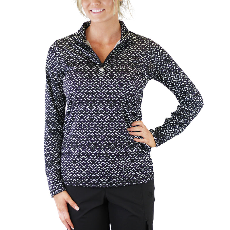 Woman in UV Skinz's Women's Quarter Zip Vented Sun Shirt in Optical Illusion|optical-illusion