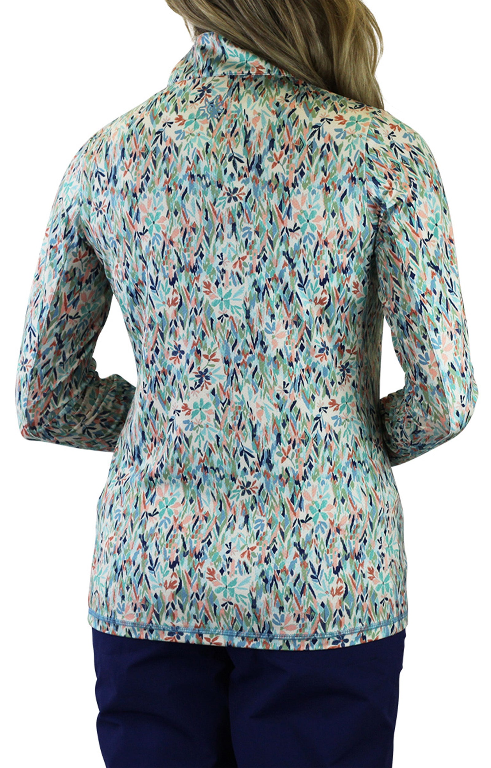 Back of the Women's Quarter Zip Vented Sun Shirt in Painted Eden|painted-eden