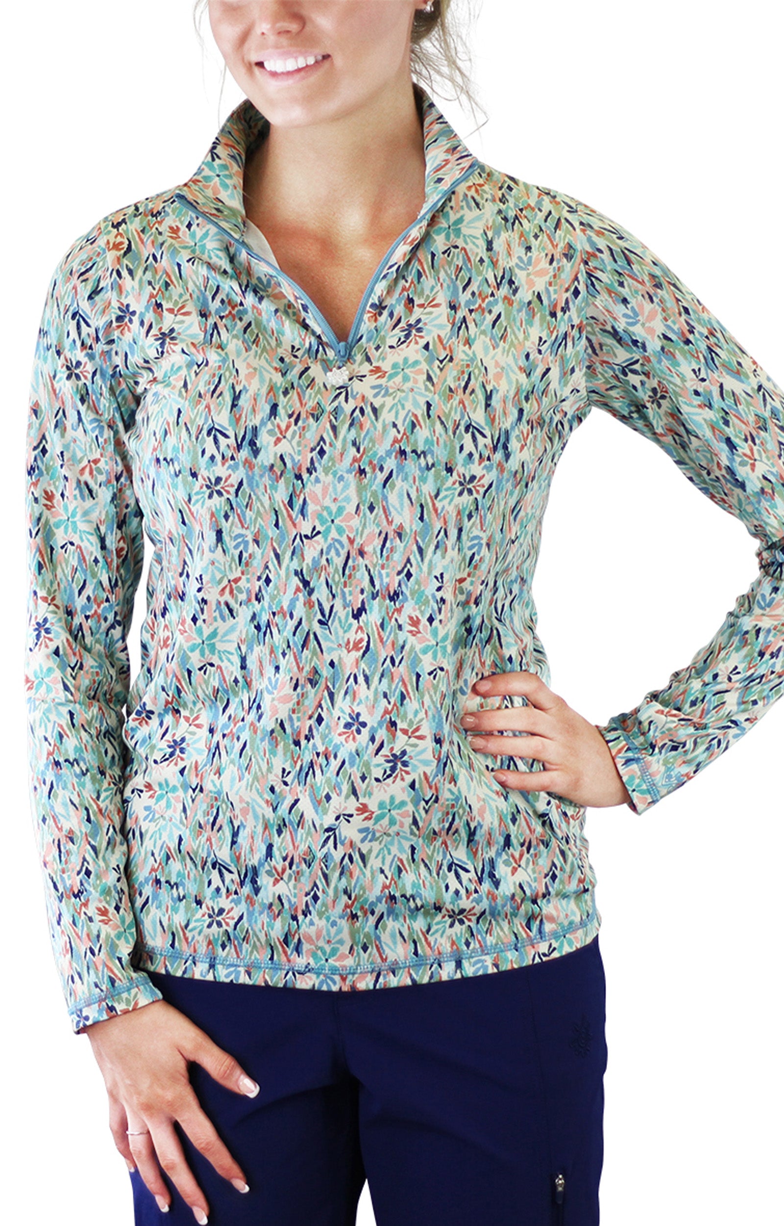 Woman in UV Skinz's Women's Quarter Zip Vented Sun Shirt in Painted Eden|painted-eden