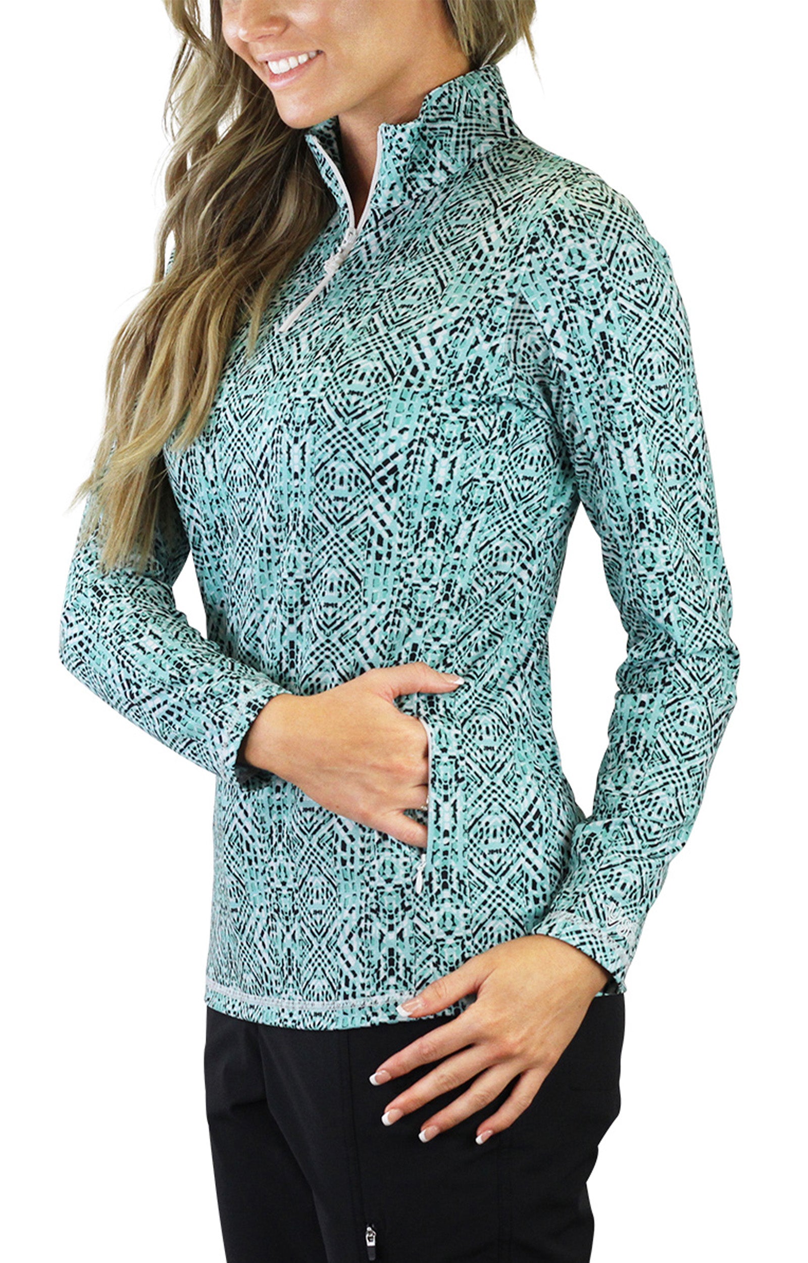 Woman in UV Skinz's Women's Quarter Zip Vented Sun Shirt in Shasta Mosaic|shasta-mosaic