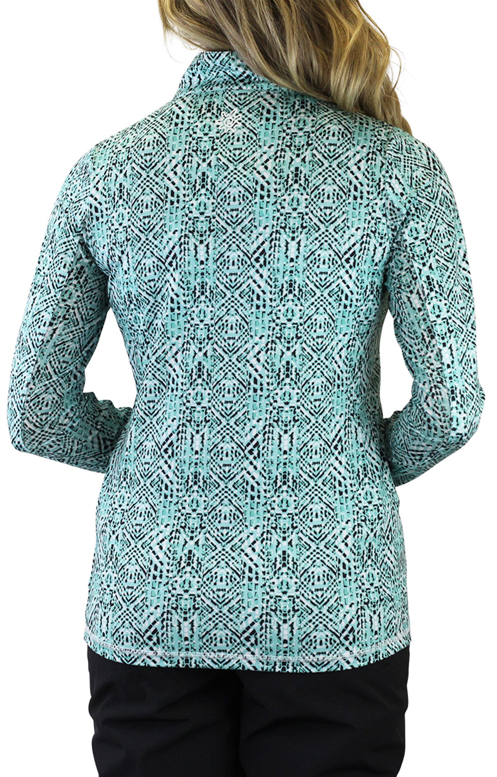 Woman in UV Skinz's Women's Quarter Zip Vented Sun Shirt in Shasta Mosaic|shasta-mosaic