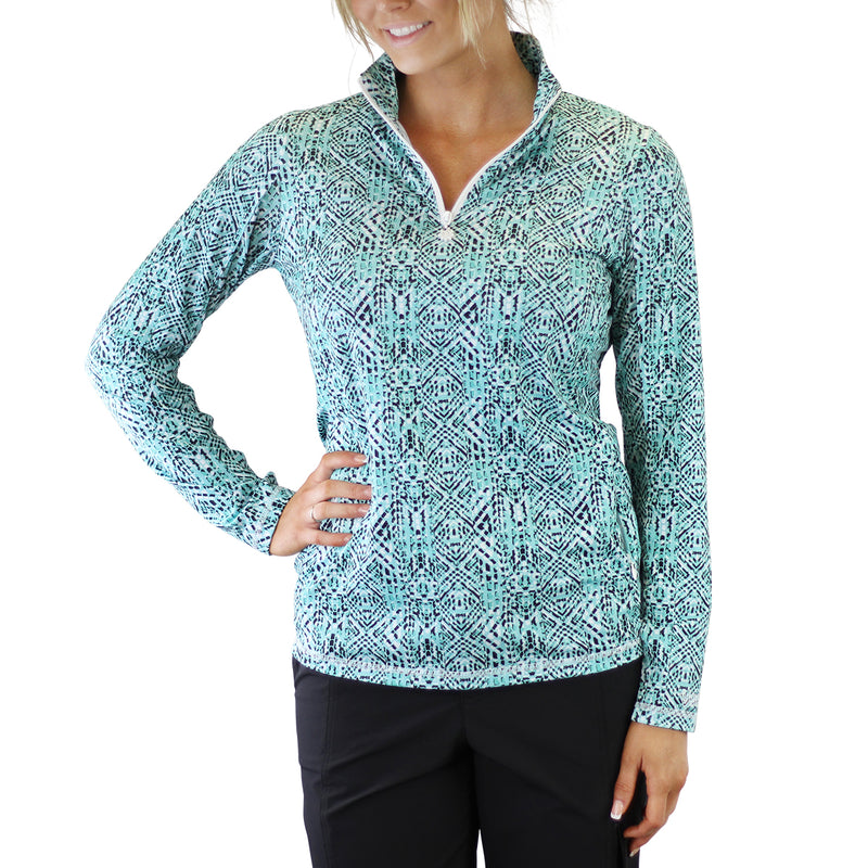 Woman in UV Skinz's Women's Quarter Zip Vented Sun Shirt in Shasta Mosaic|shasta-mosaic