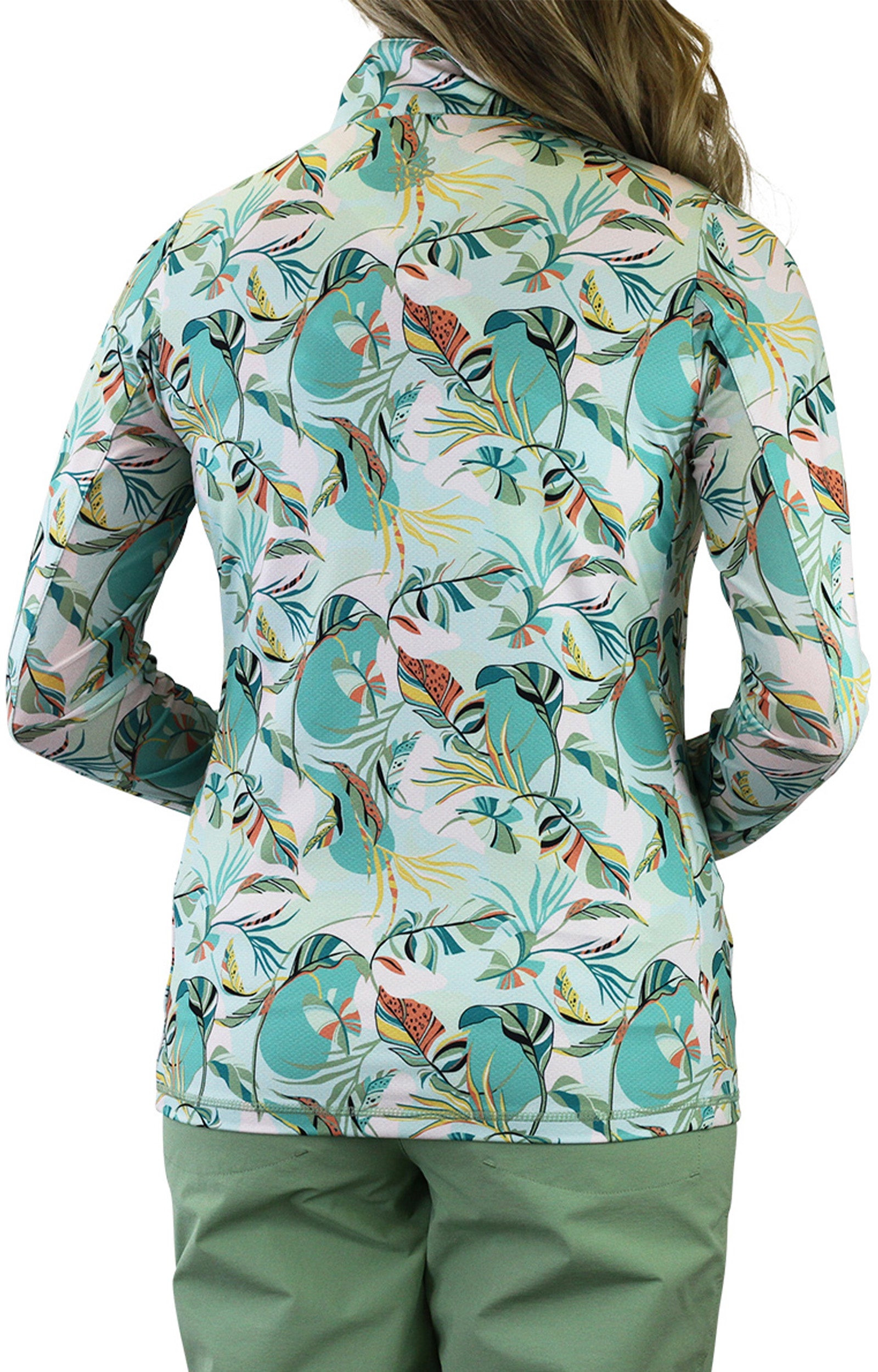 Back of the Women's Quarter Zip Vented Sun Shirt in Stella Breeze|stella-breeze