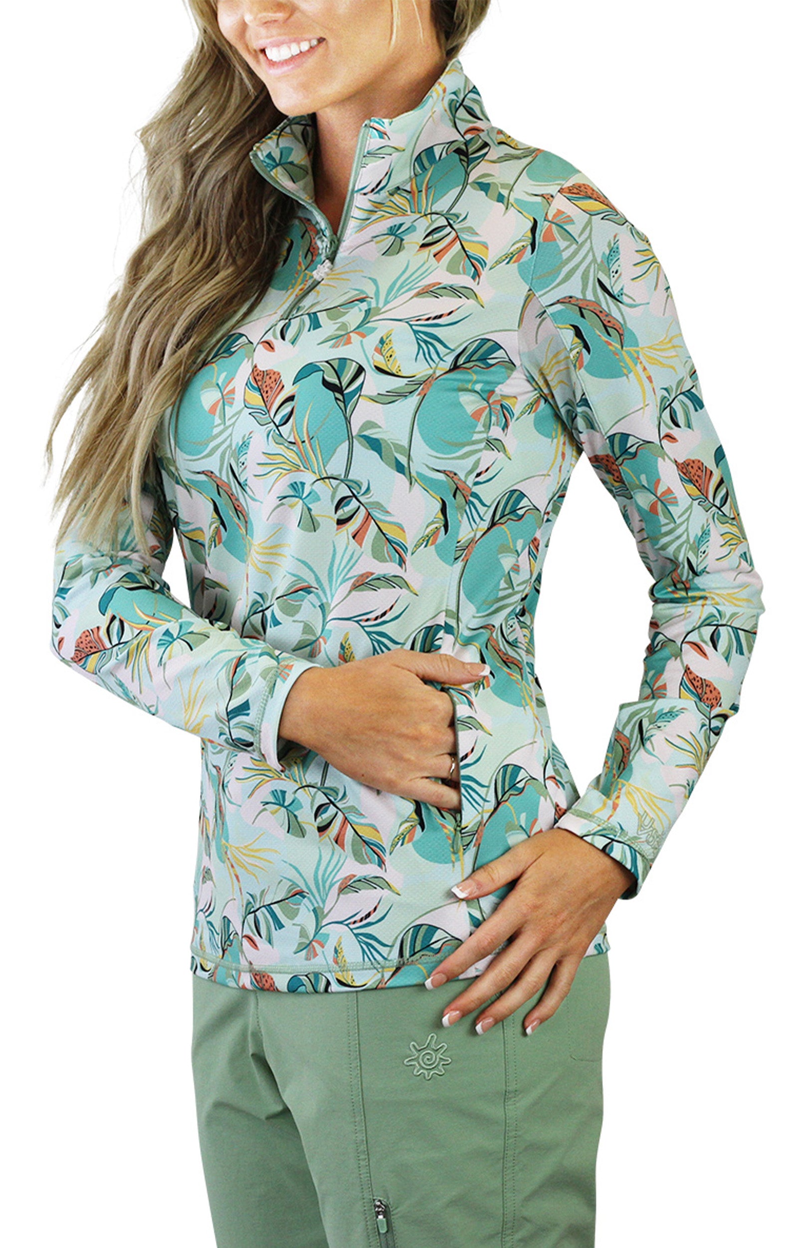 Close Up of the Pocket on the Women's Quarter Zip Vented Sun Shirt in Stella Breeze|stella-breeze