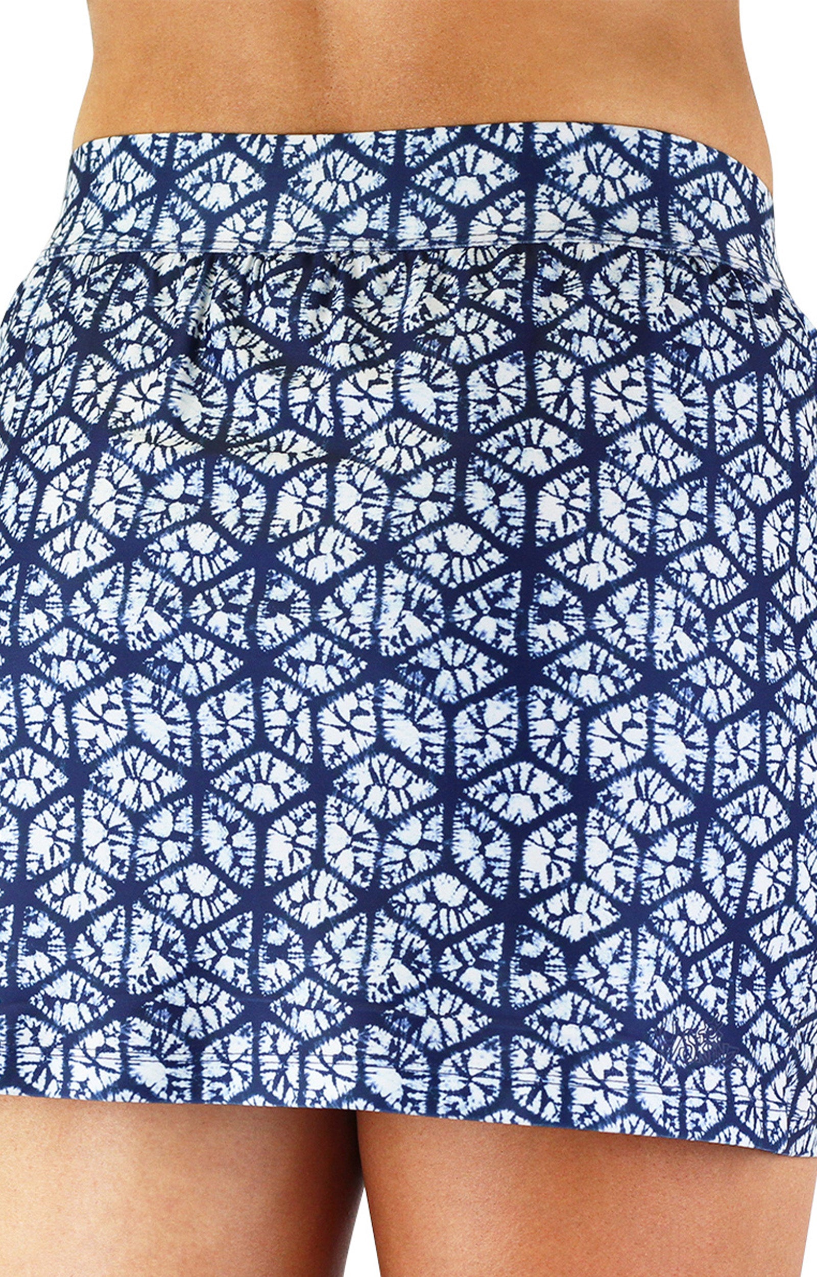 Back view of the women's active swim skirt in shibori tie dye|shibori-tie-dye