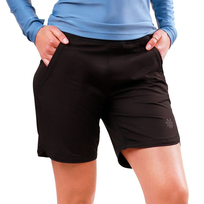 womens hybrid active shorts in black|black