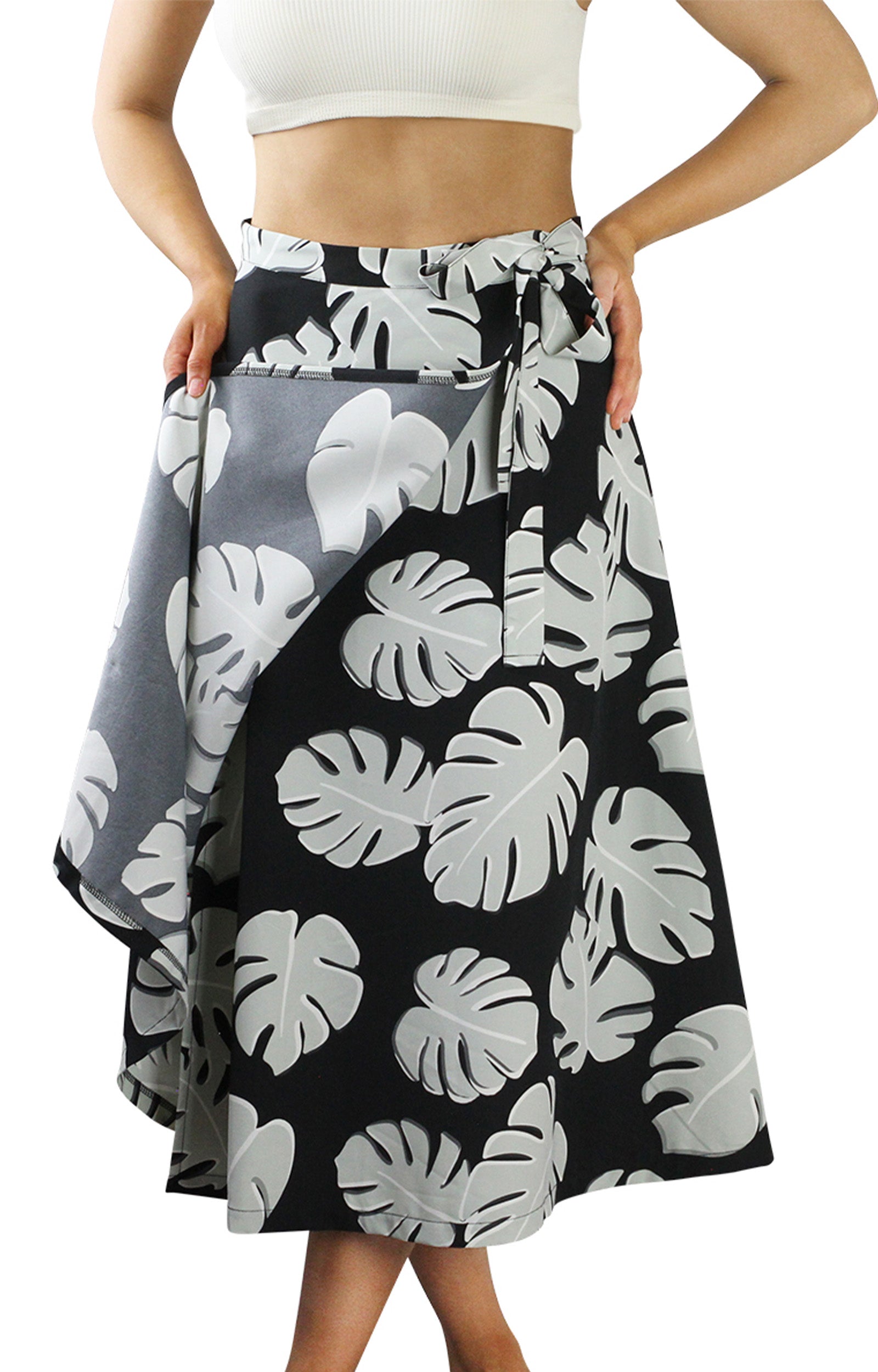 Woman in Women's Wrap Skirt in Black Flora|black-flora