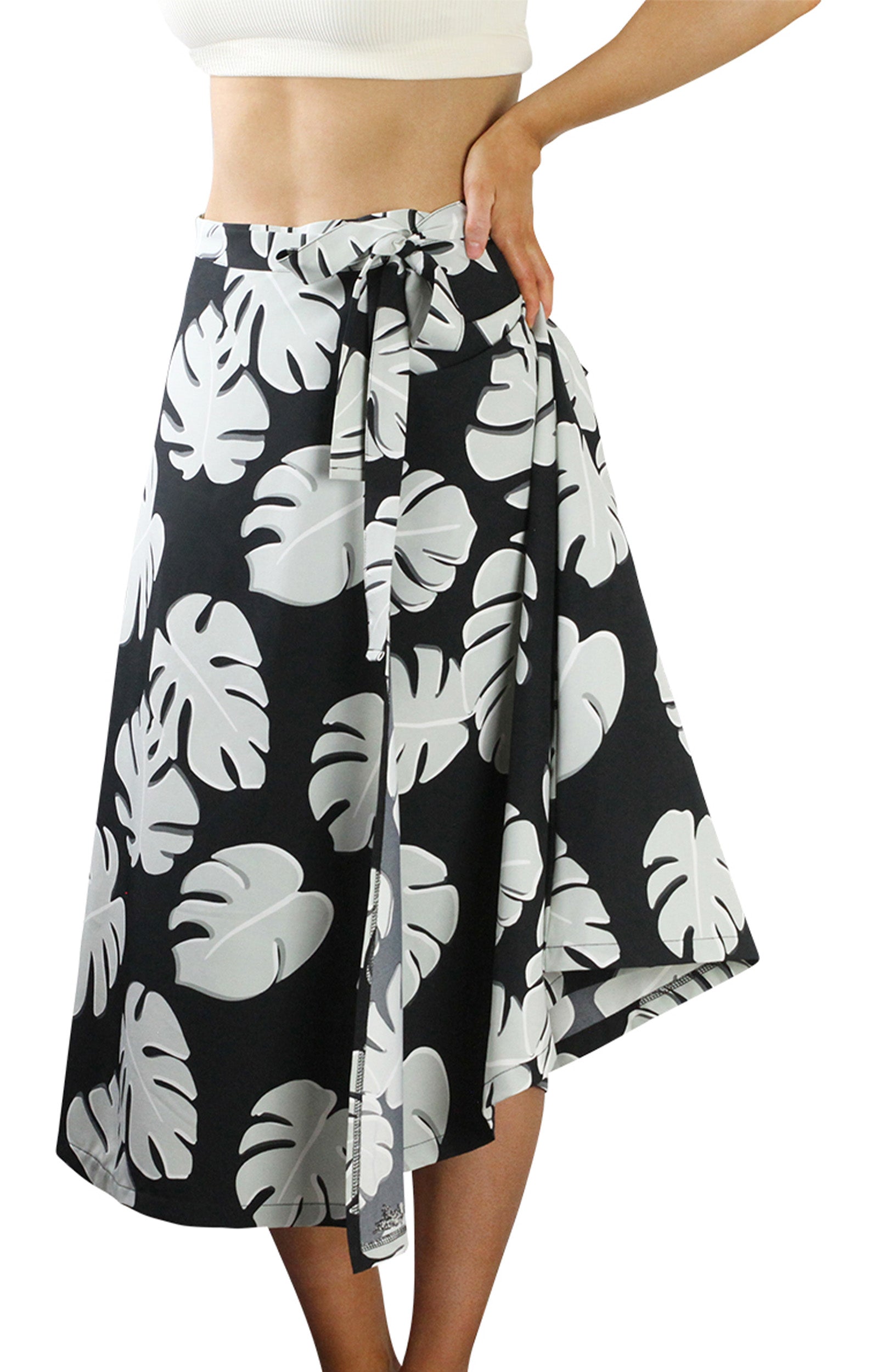 Woman Wearing the Women's Wrap Skirt in Black Flora|black-flora