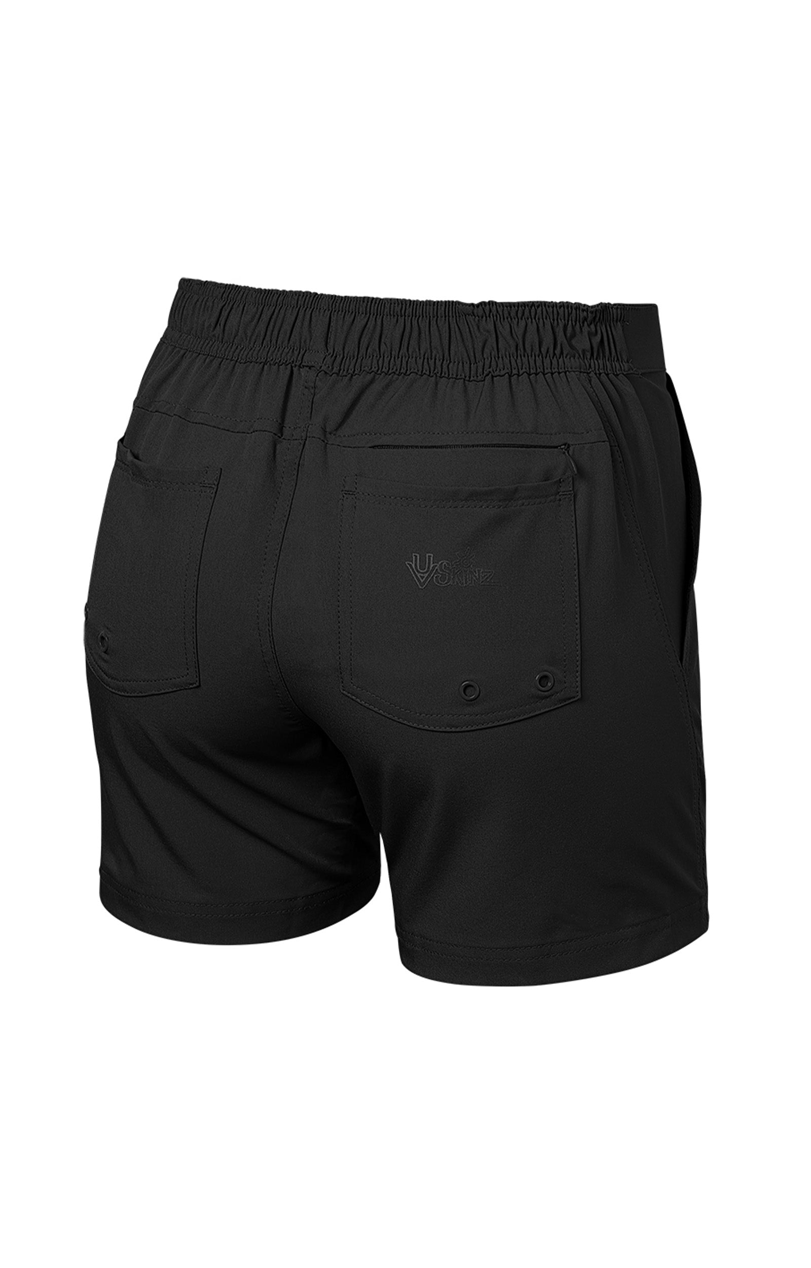 back of the women's island board shorts in black|black