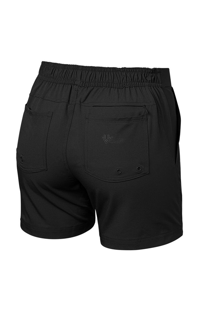 back of the women's island board shorts in black|black