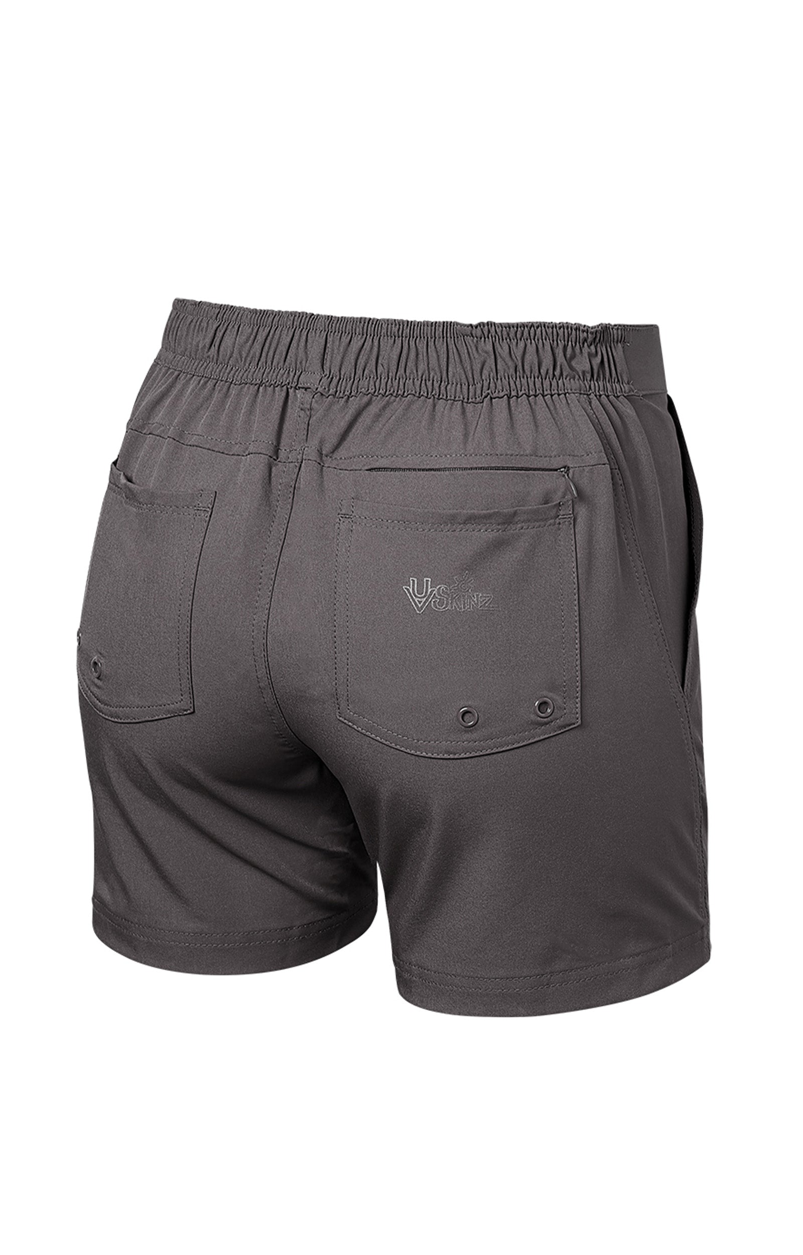 back of the women's island board shorts in charcoal|charcoal
