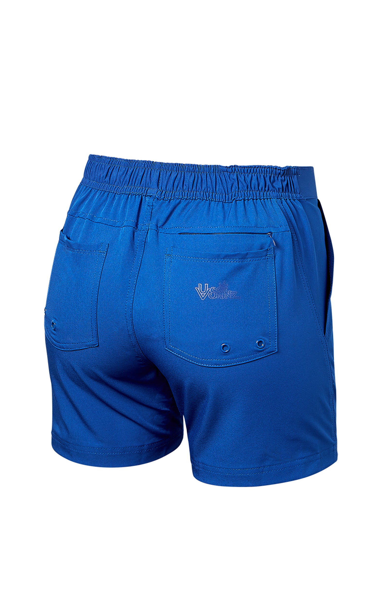 back of the women's island board shorts in navy blue|navy-blue