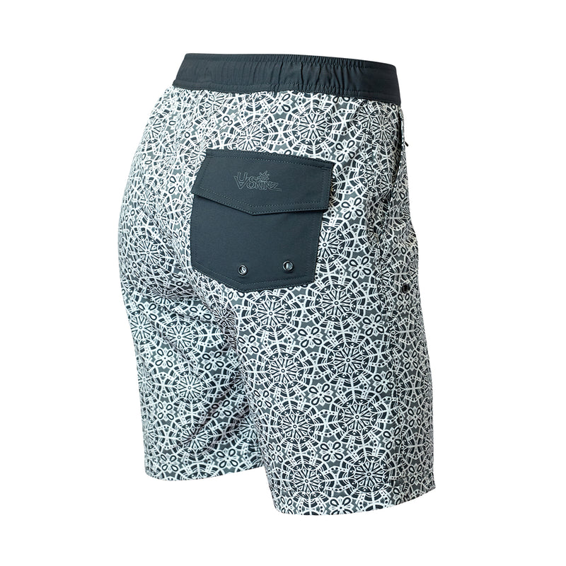 Pocket view of UV Skinz's Women's board shorts in charcoal kaleidoscope|charcoal-kaleidoscope