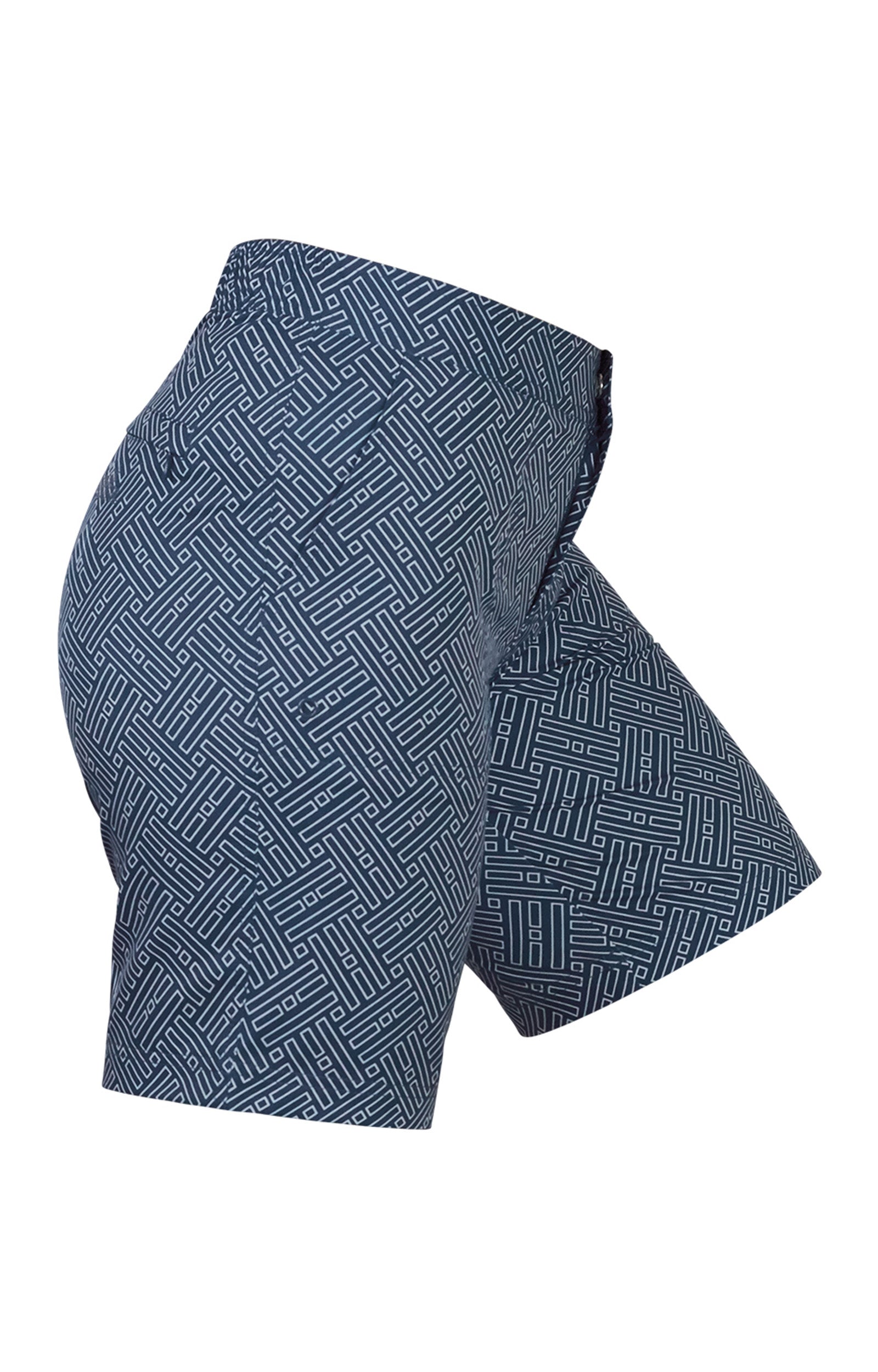 Side View of the Women's Board Shorts in Midnight Maze|midnight-maze