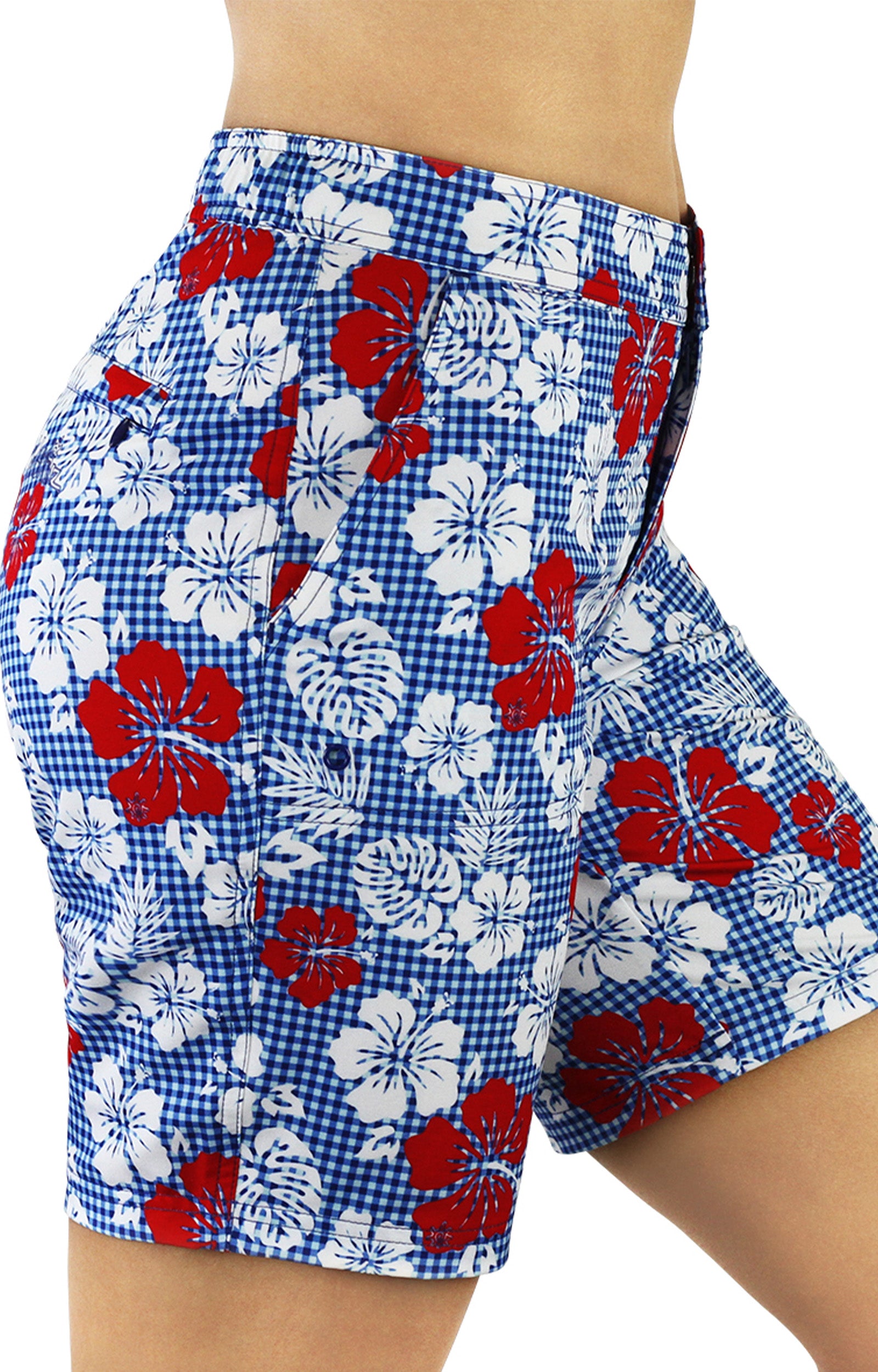 side view of the women's board shorts in red americana gingham|red-americana-gingham