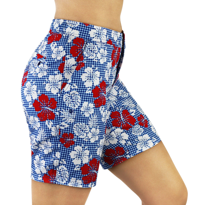 side view of the women's board shorts in red americana gingham|red-americana-gingham