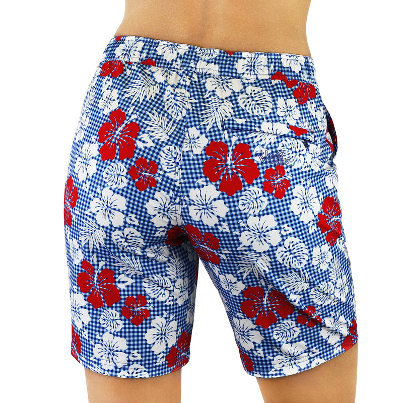 back view of the women's board shorts in red americana gingham|red-americana-gingham