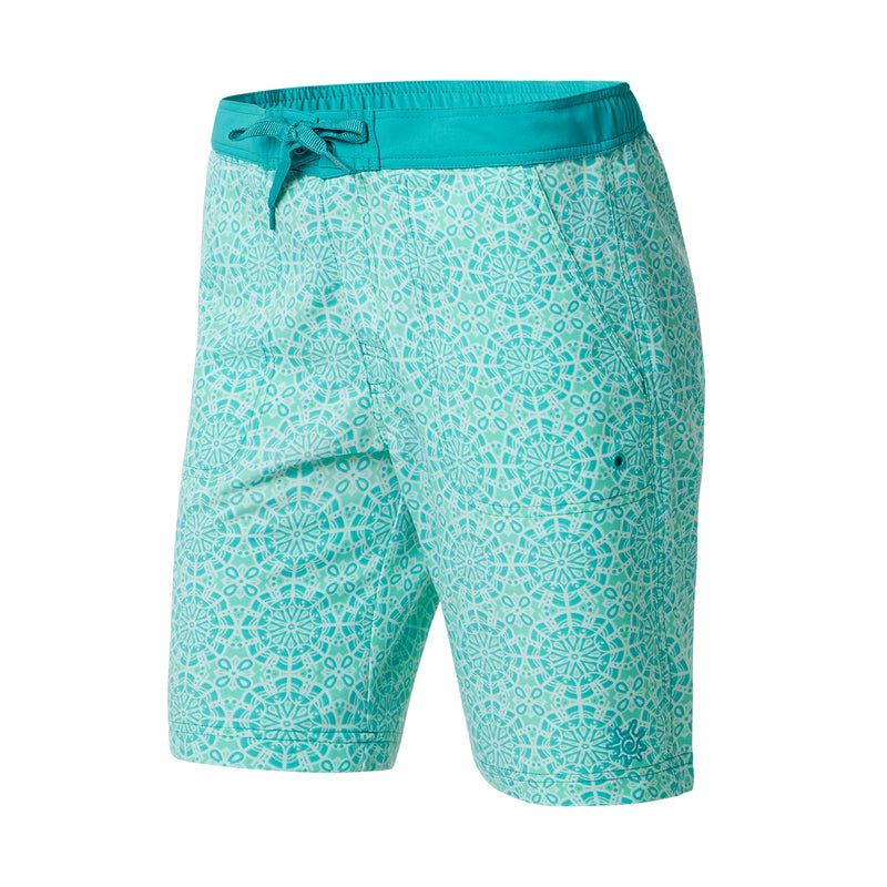 Women's board shorts in teal kaleidoscope|teal-kaleidoscope