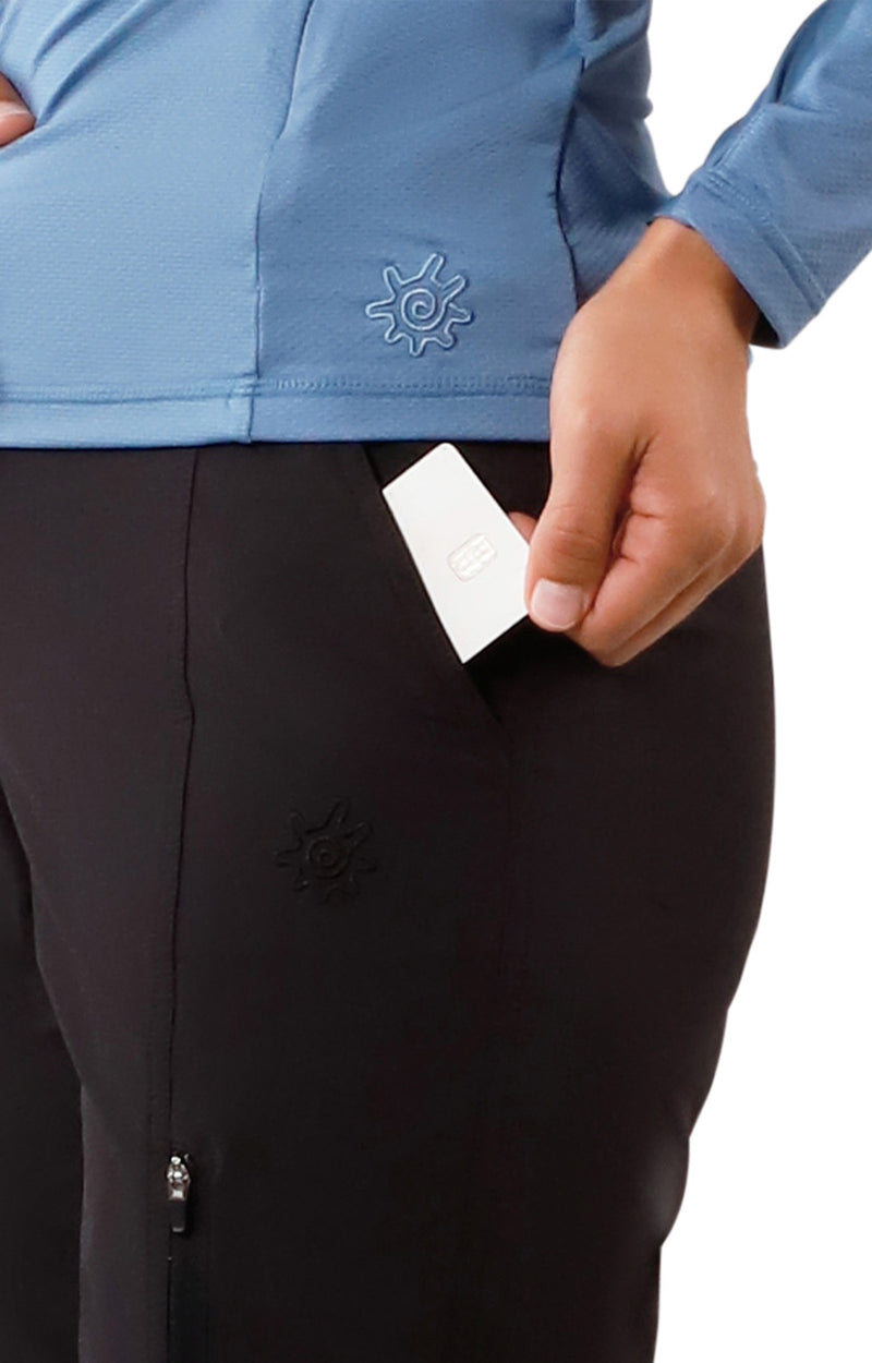 pocket view of woman in walking capris in black|black