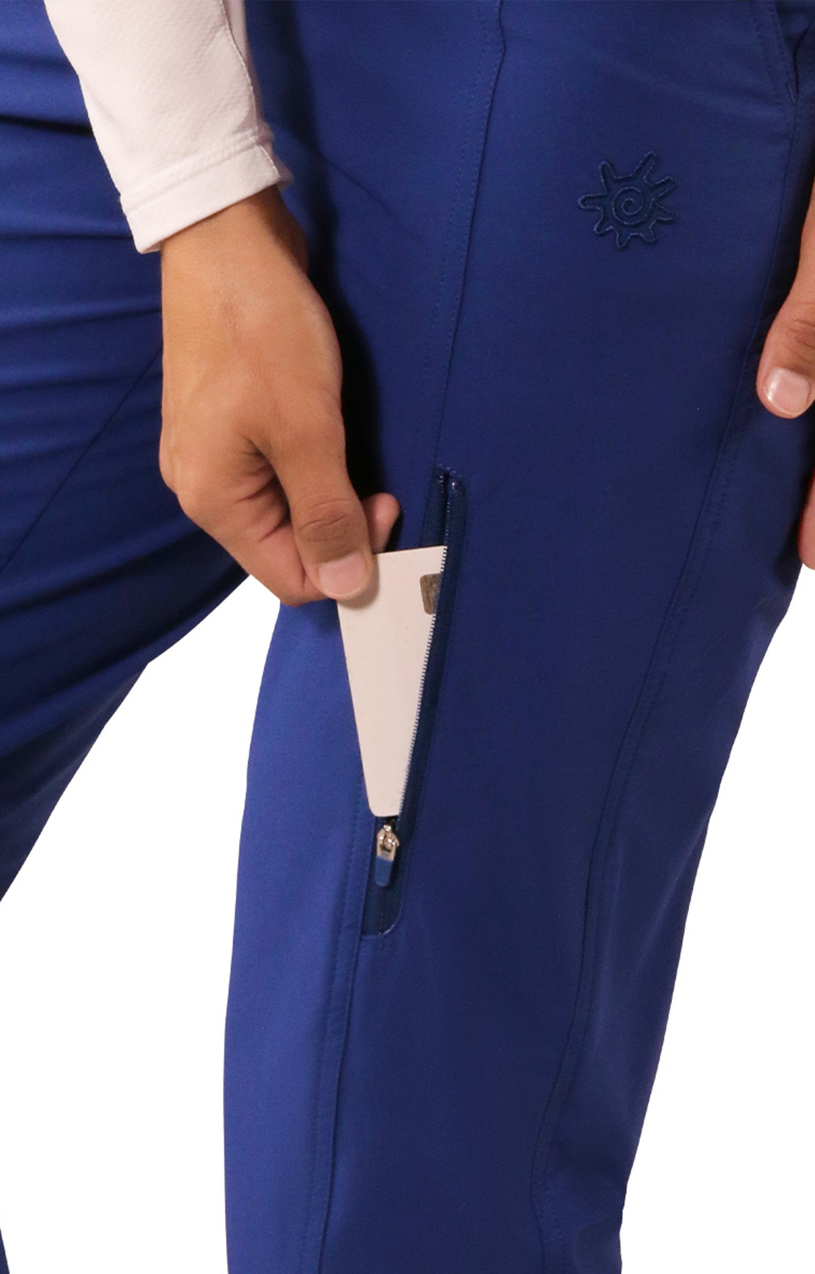 thigh pocket view close up of woman in walking capris in dark navy|dark-navy