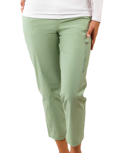 woman in walking capris in sage|sage