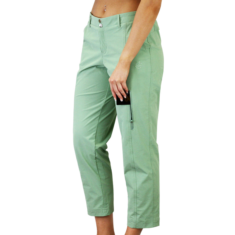 Woman in the women's UPF capris in sage|sage