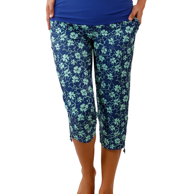 Women's front 2 Beach Capris in Coastal Hibiscus|coastal-hibiscus