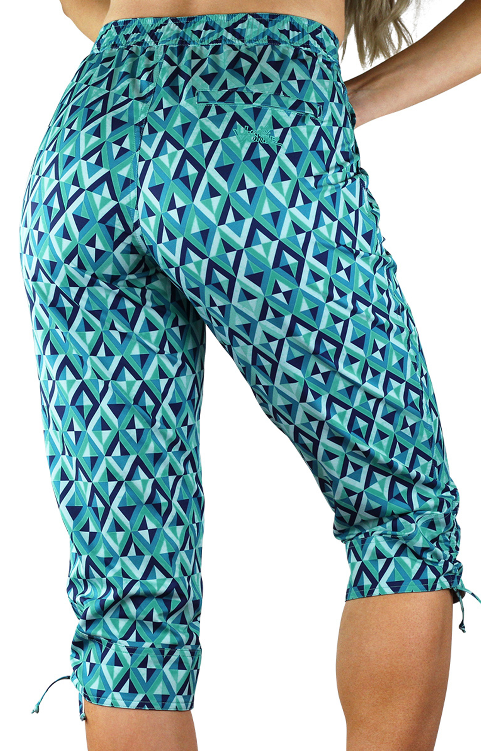 Back View of the Women's Beach Capris in Turquoise Jewels|turquoise-jewels