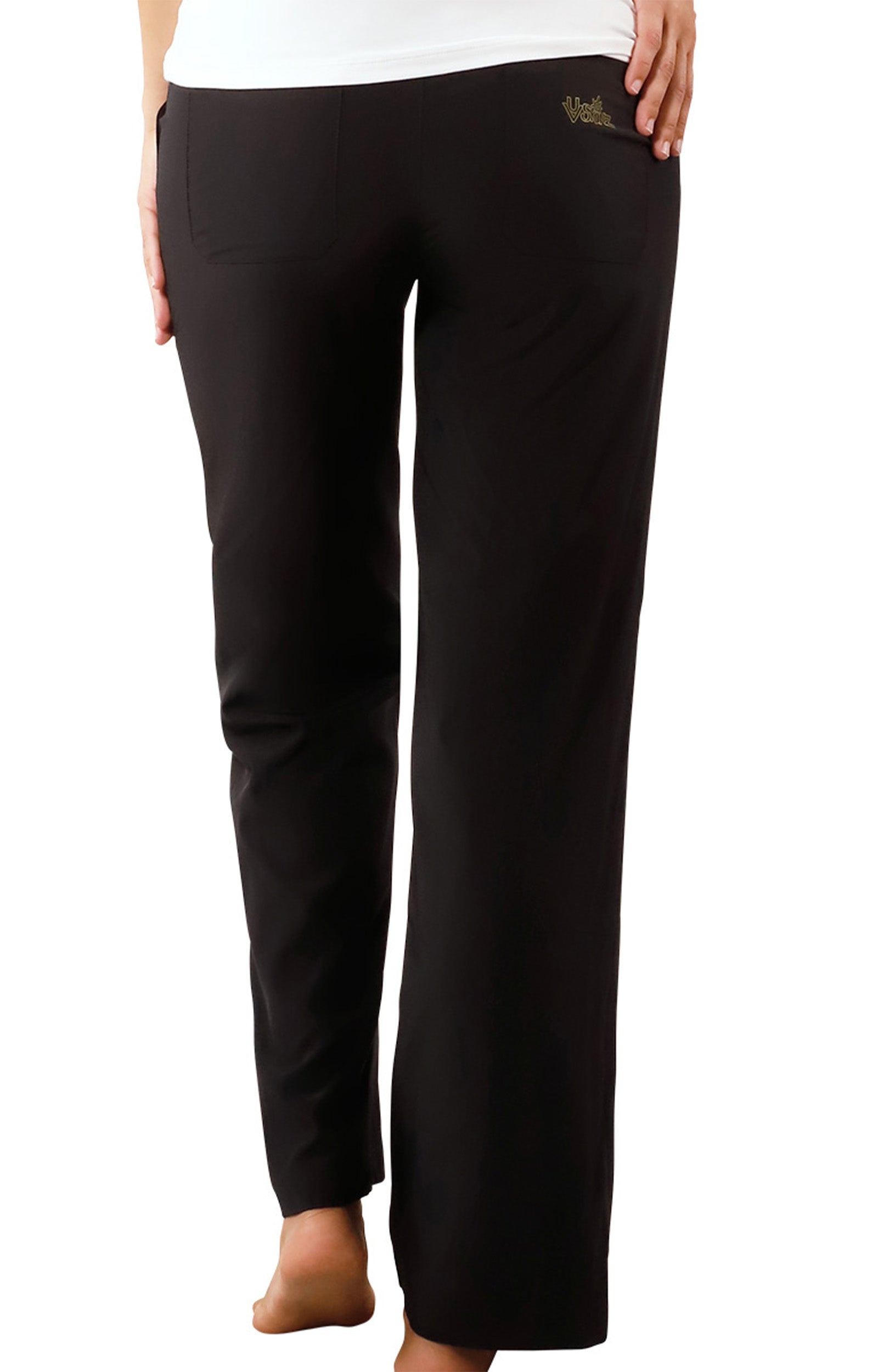 back view of womens walking capris in black|black