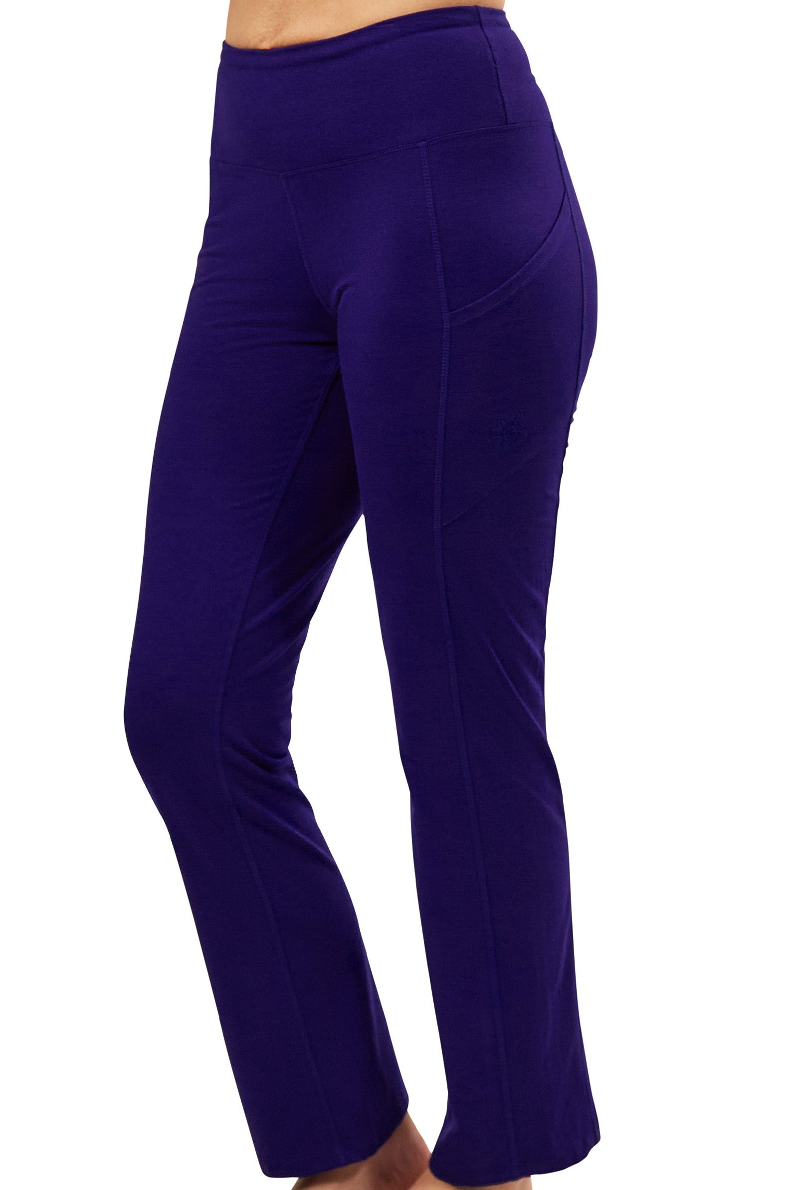 side view of womens everyday flared leggings in dark navy|dark-navy