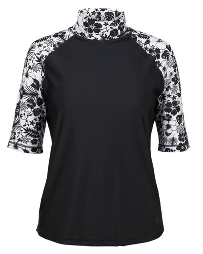 Women's Aloha Short Sleeve Sun & Swim Shirt in Black Aloha|black-aloha