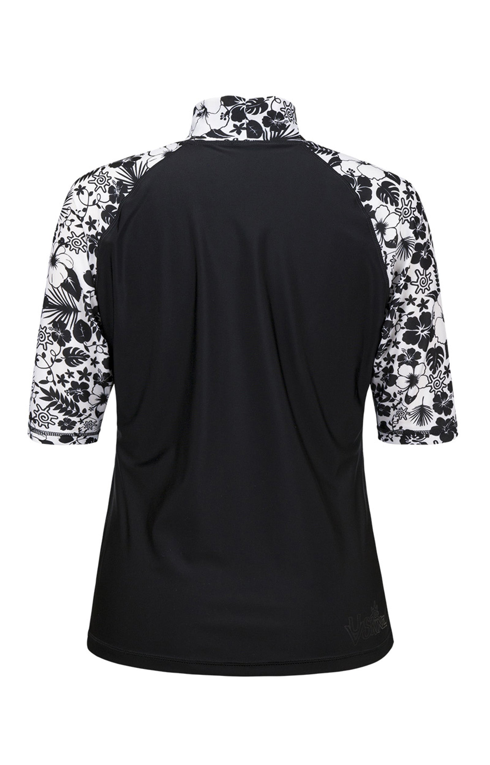 Back of the Women's Aloha Short Sleeve Sun & Swim Shirt in Black Aloha|black-aloha