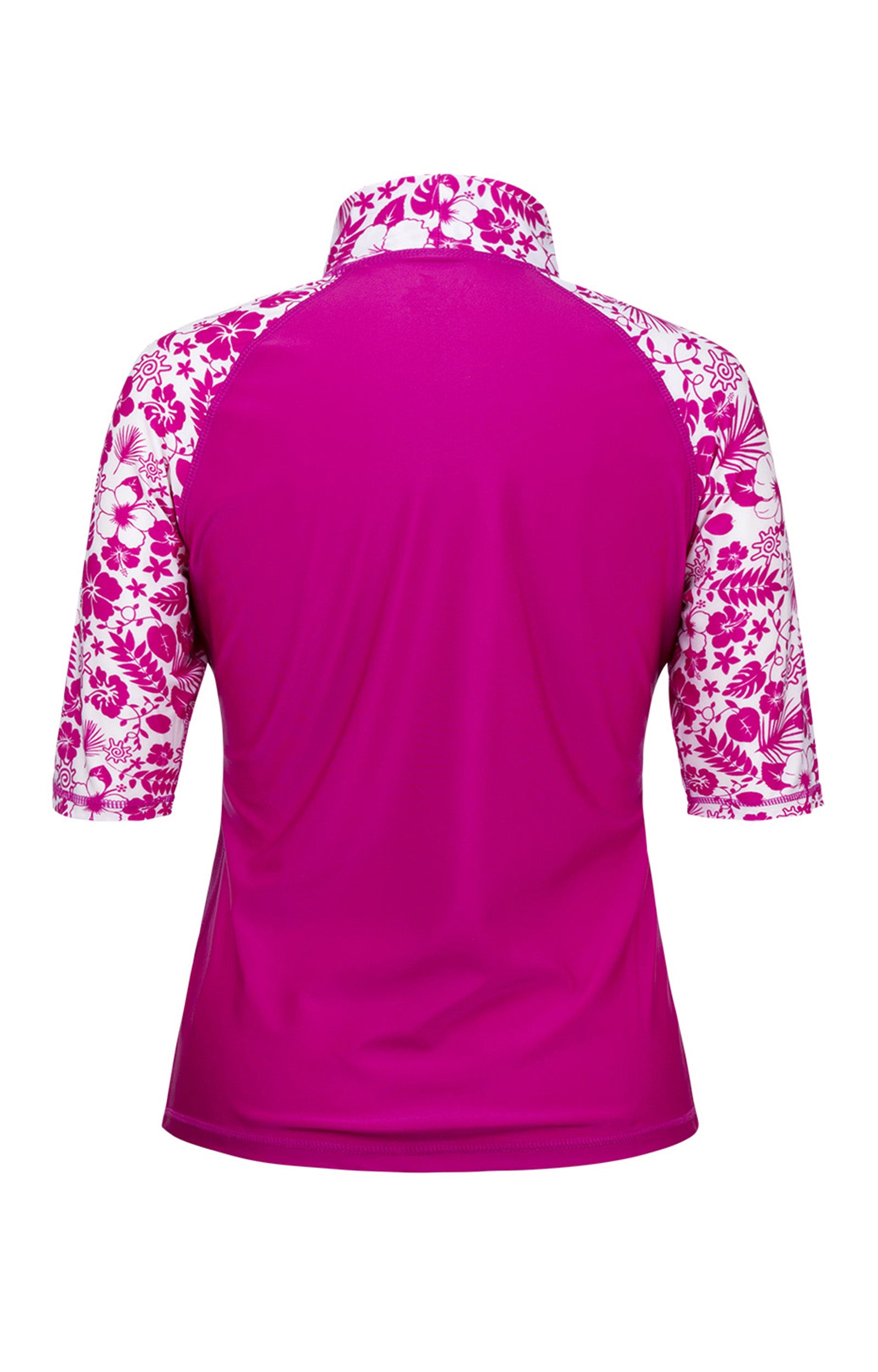 Back of the Women's Aloha Short Sleeve Sun & Swim Shirt in Hot Pink Aloha|hot-pink-aloha