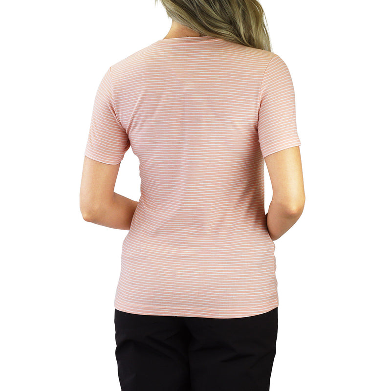 back of the women's UPF 50+ shirt in apricot wavy stripe|apricot-wavy-stripe