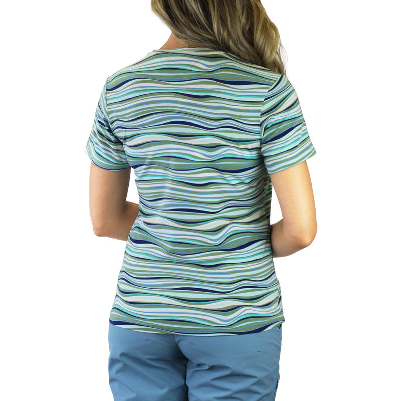 Back of the women's UPF 50+ shirt in serene waves|serene-waves