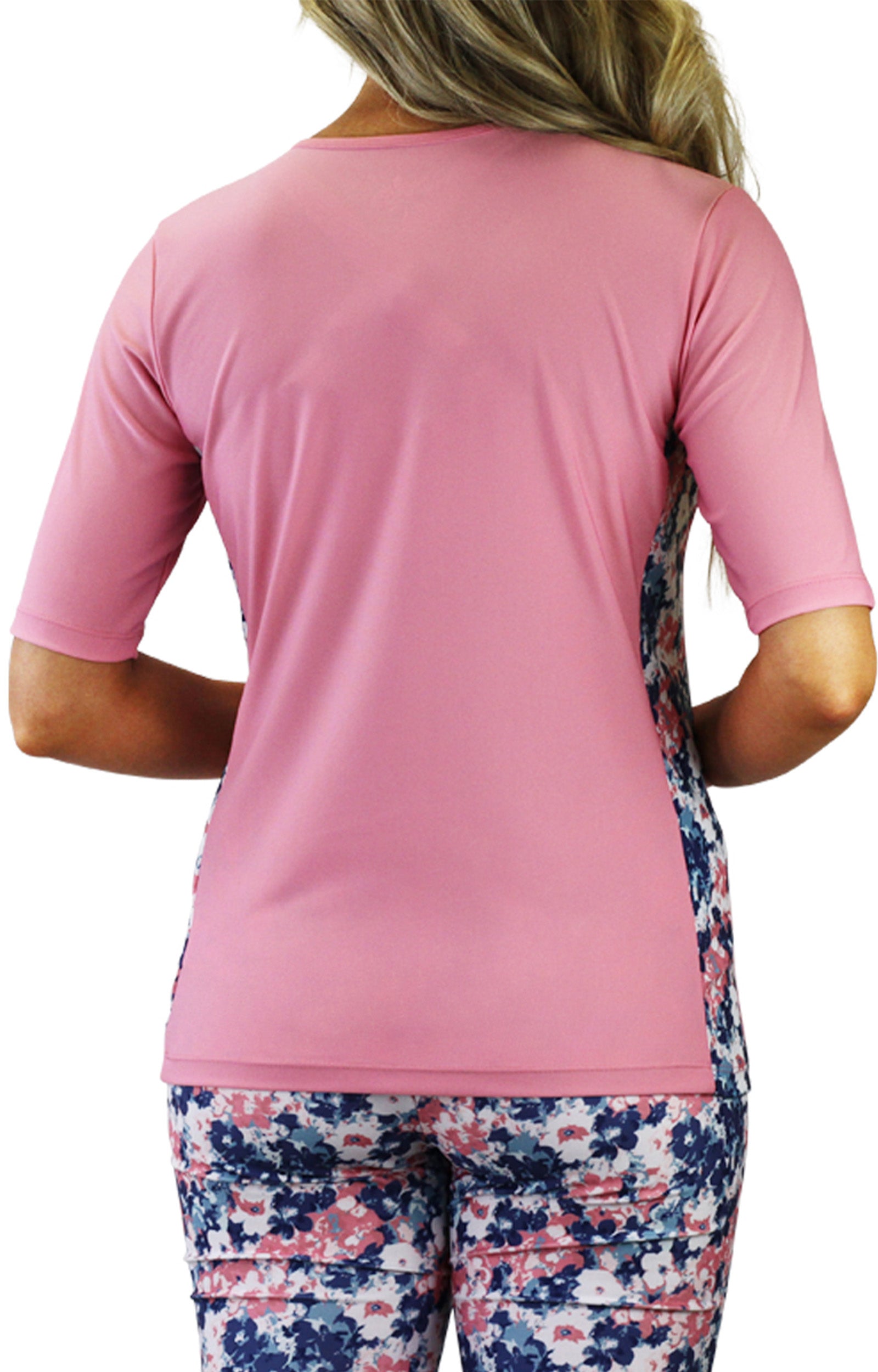 back of UV Skinz's women's short sleeve crew swim shirt in monet garden|monet-garden